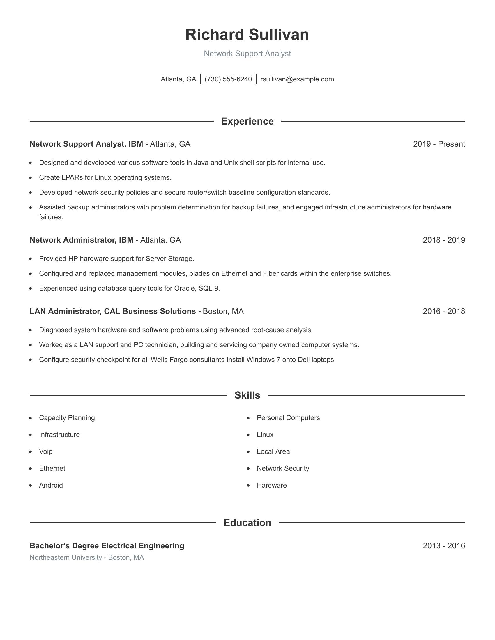 Network Support Analyst resume example