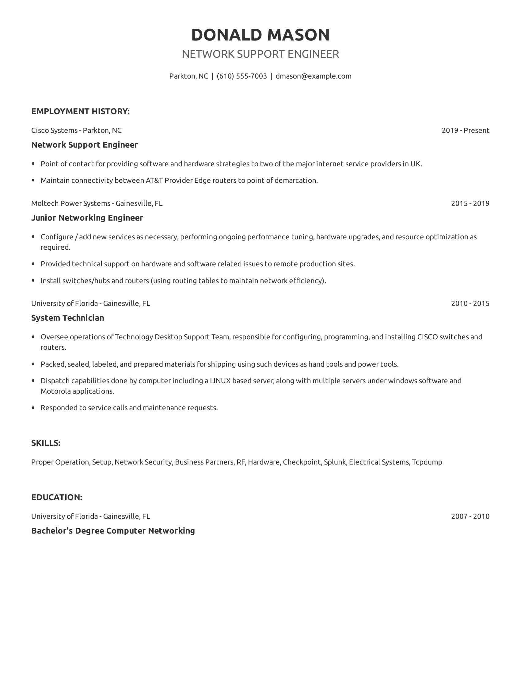 Network Support Engineer resume example