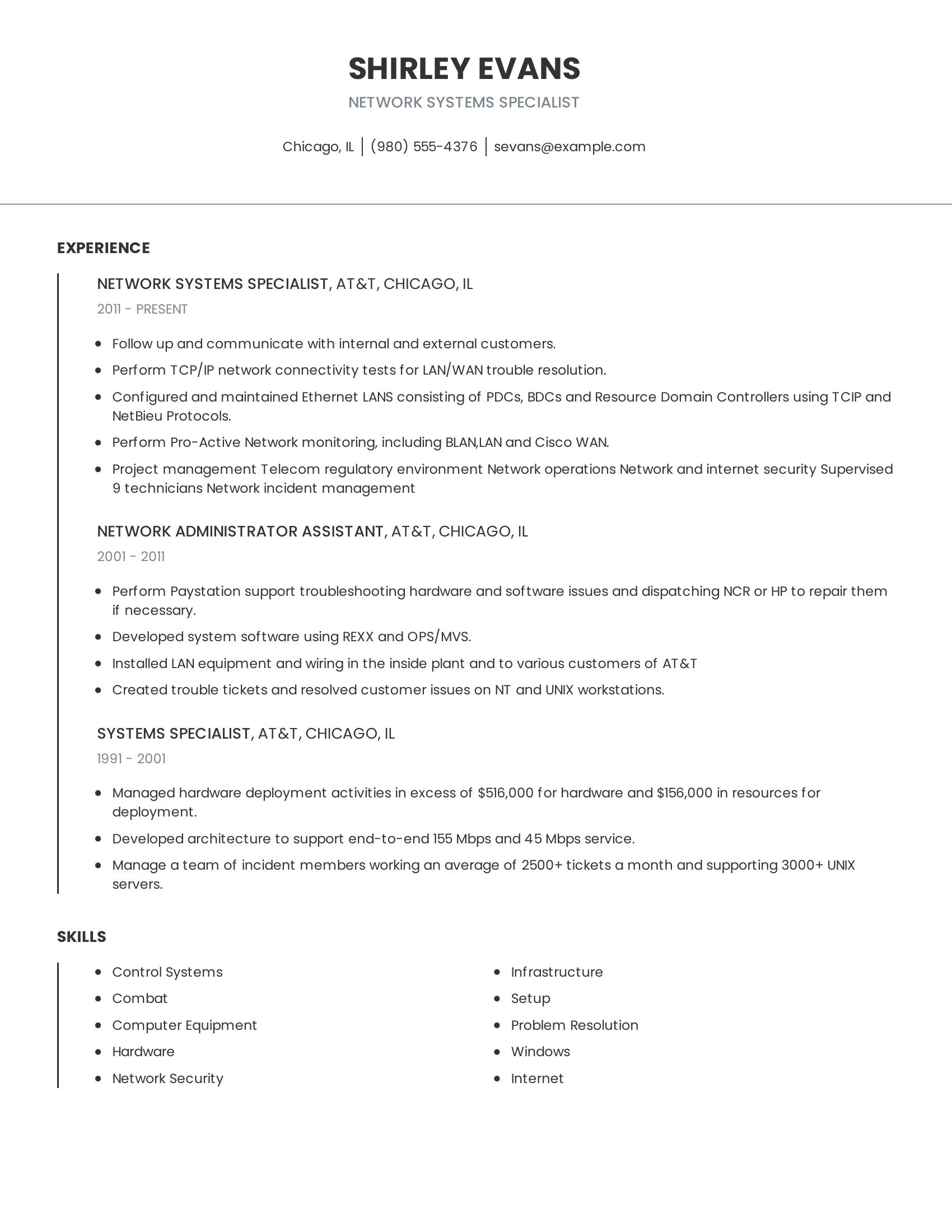 Network Systems Specialist resume example