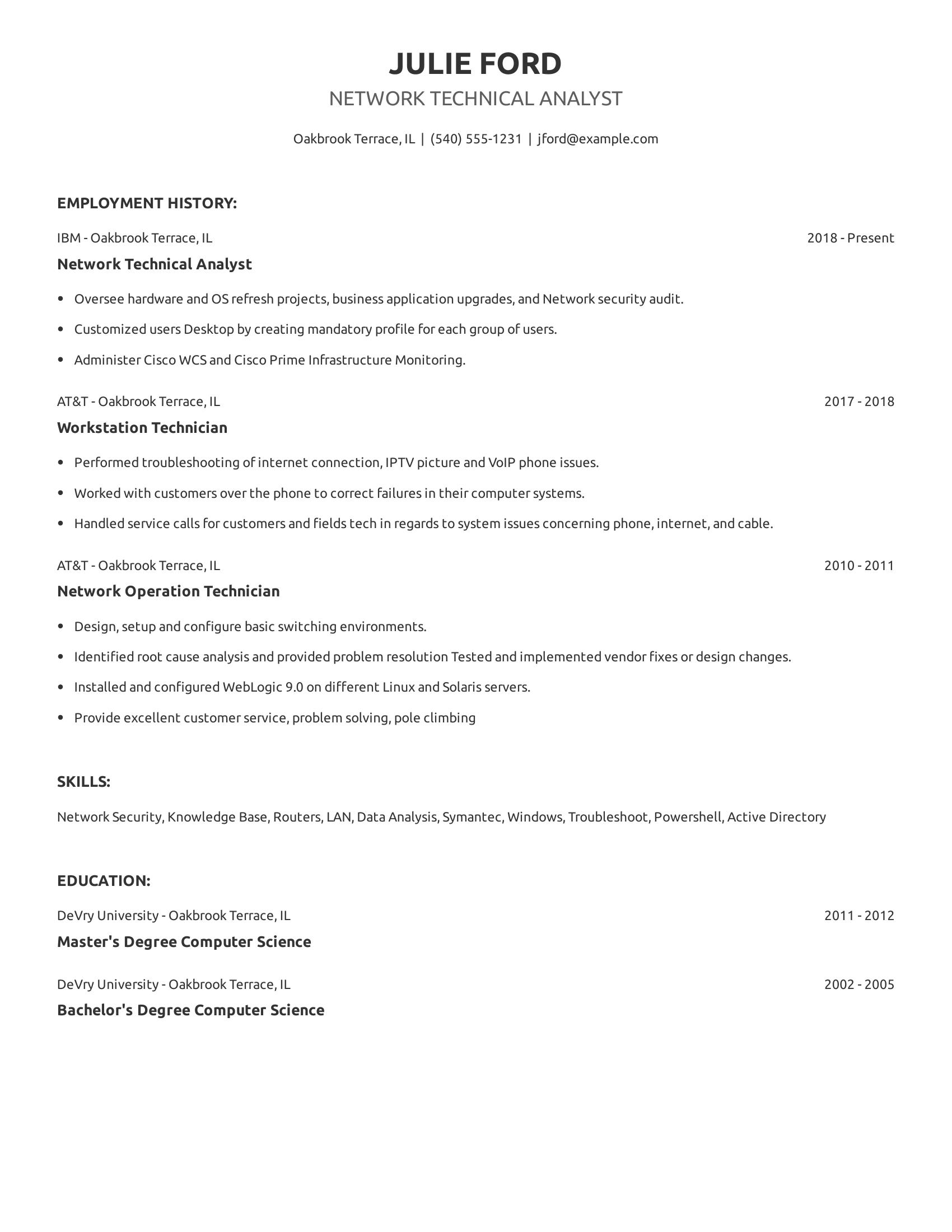 Network Technical Analyst resume example