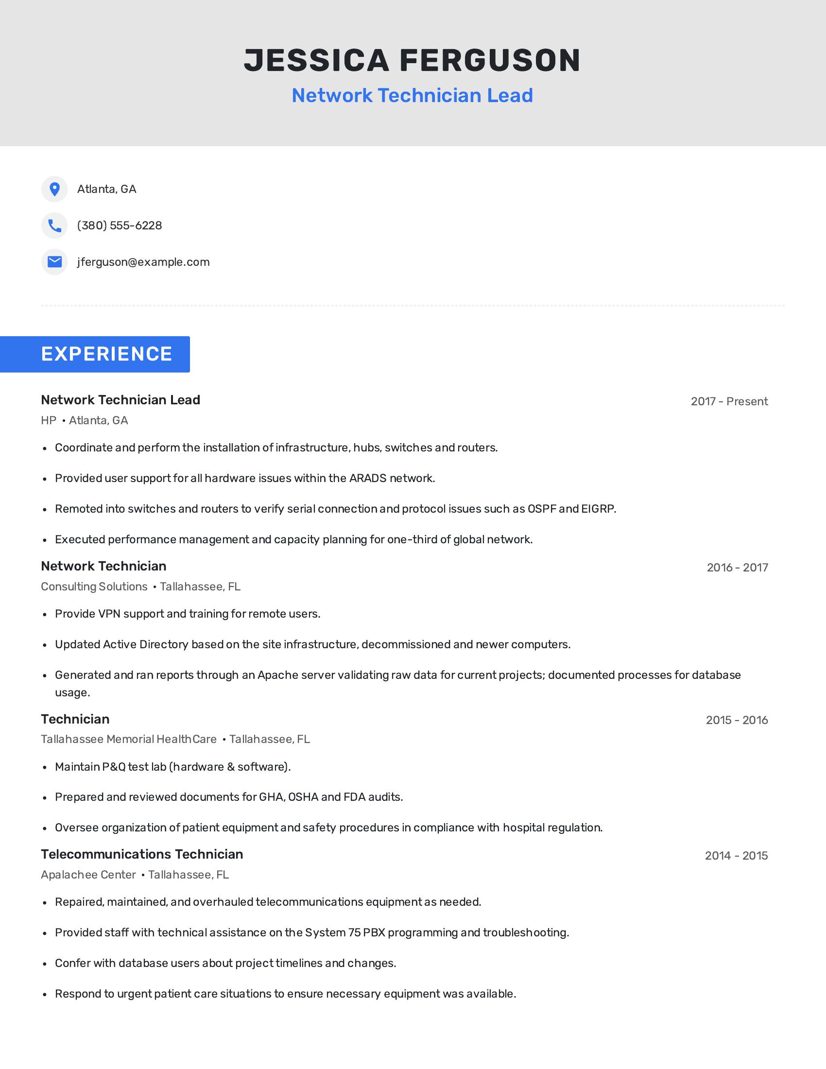 Network Technician Lead resume example