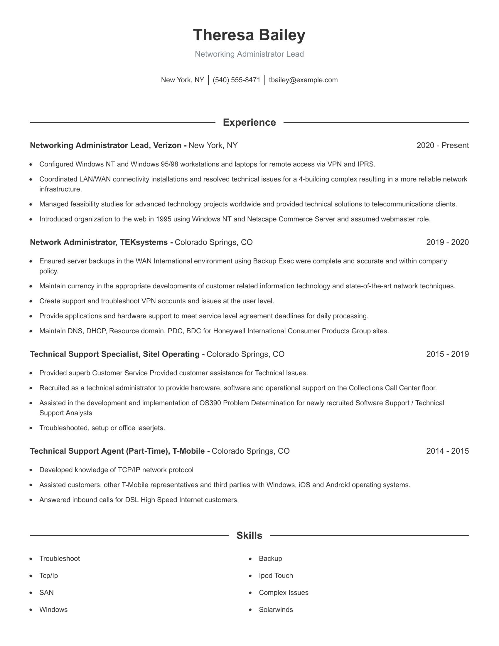 Networking Administrator Lead resume example