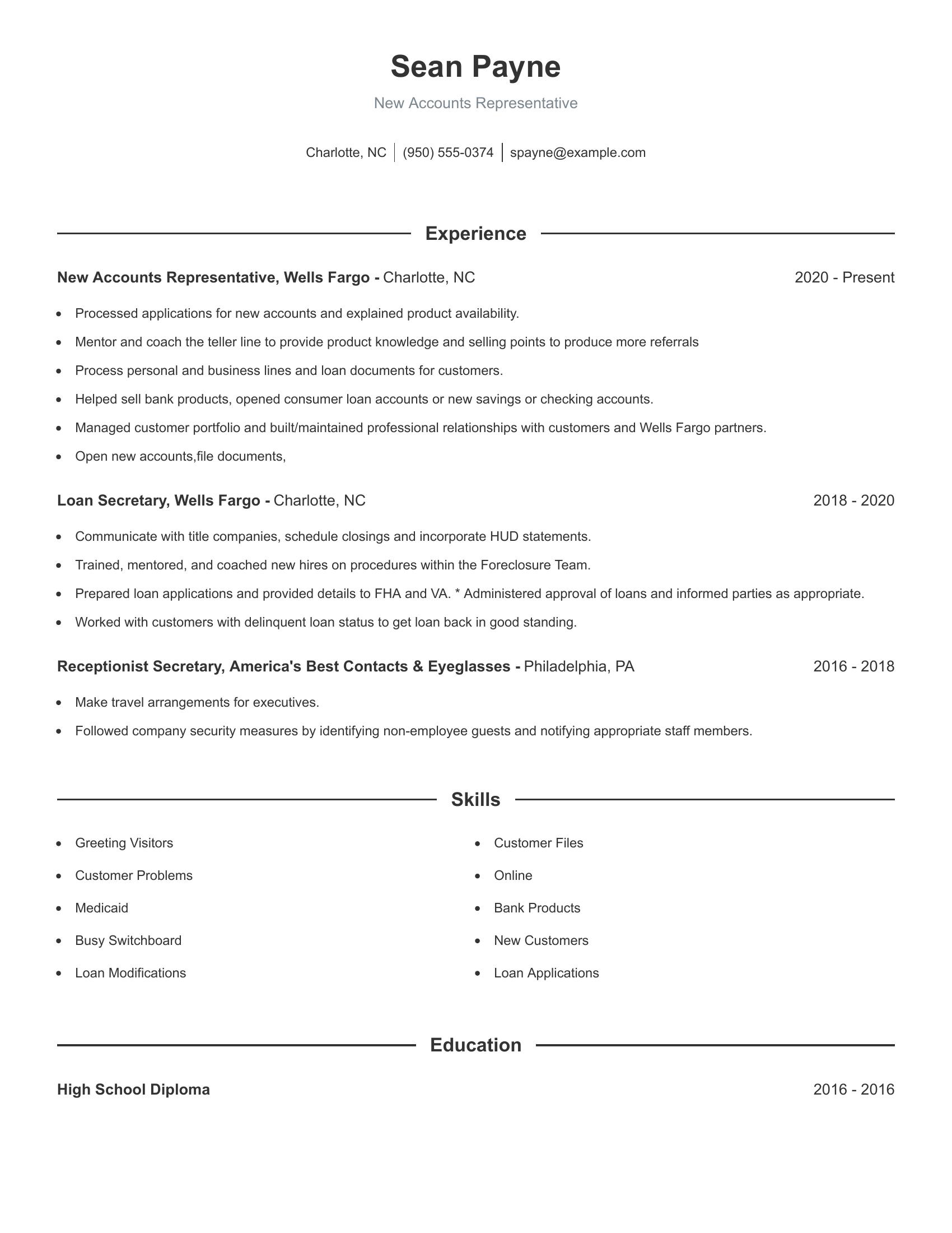 New Accounts Representative resume example