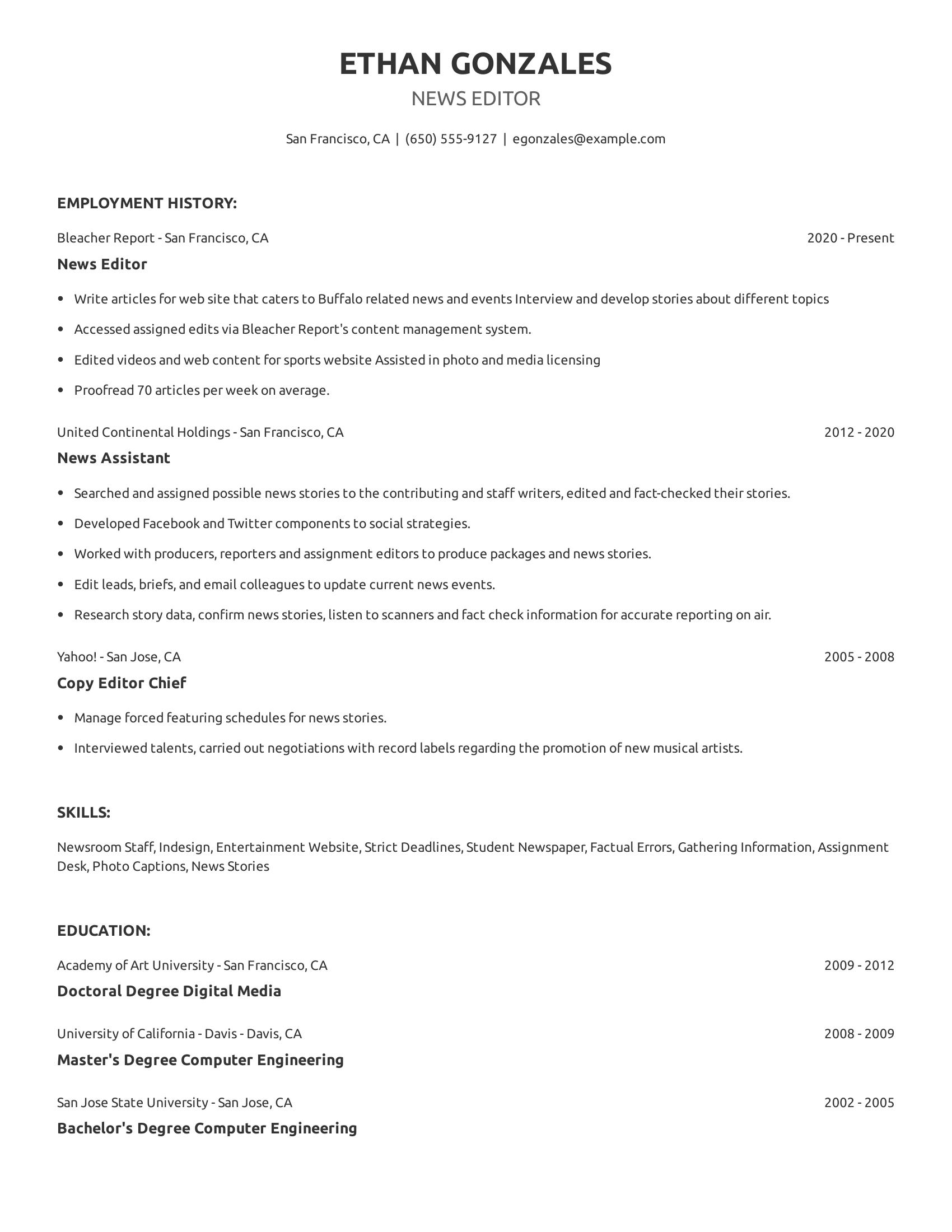 News Editor resume example