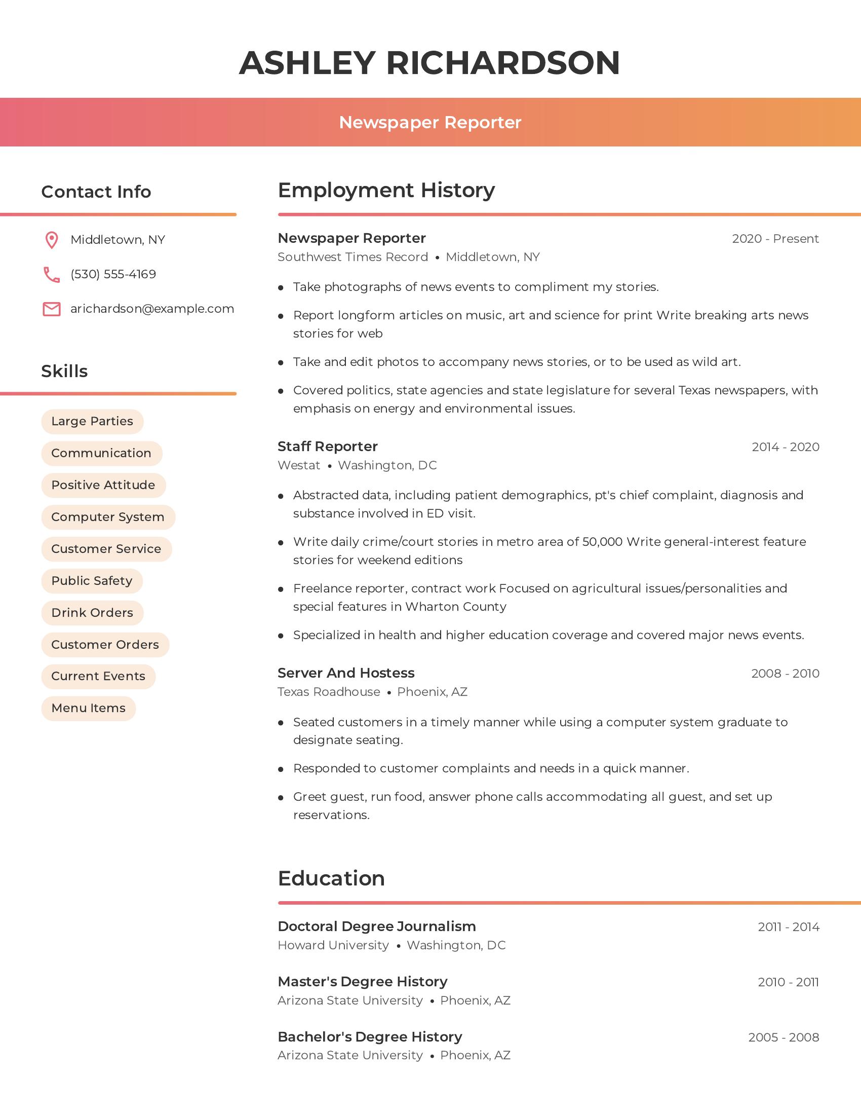 Newspaper Reporter resume example