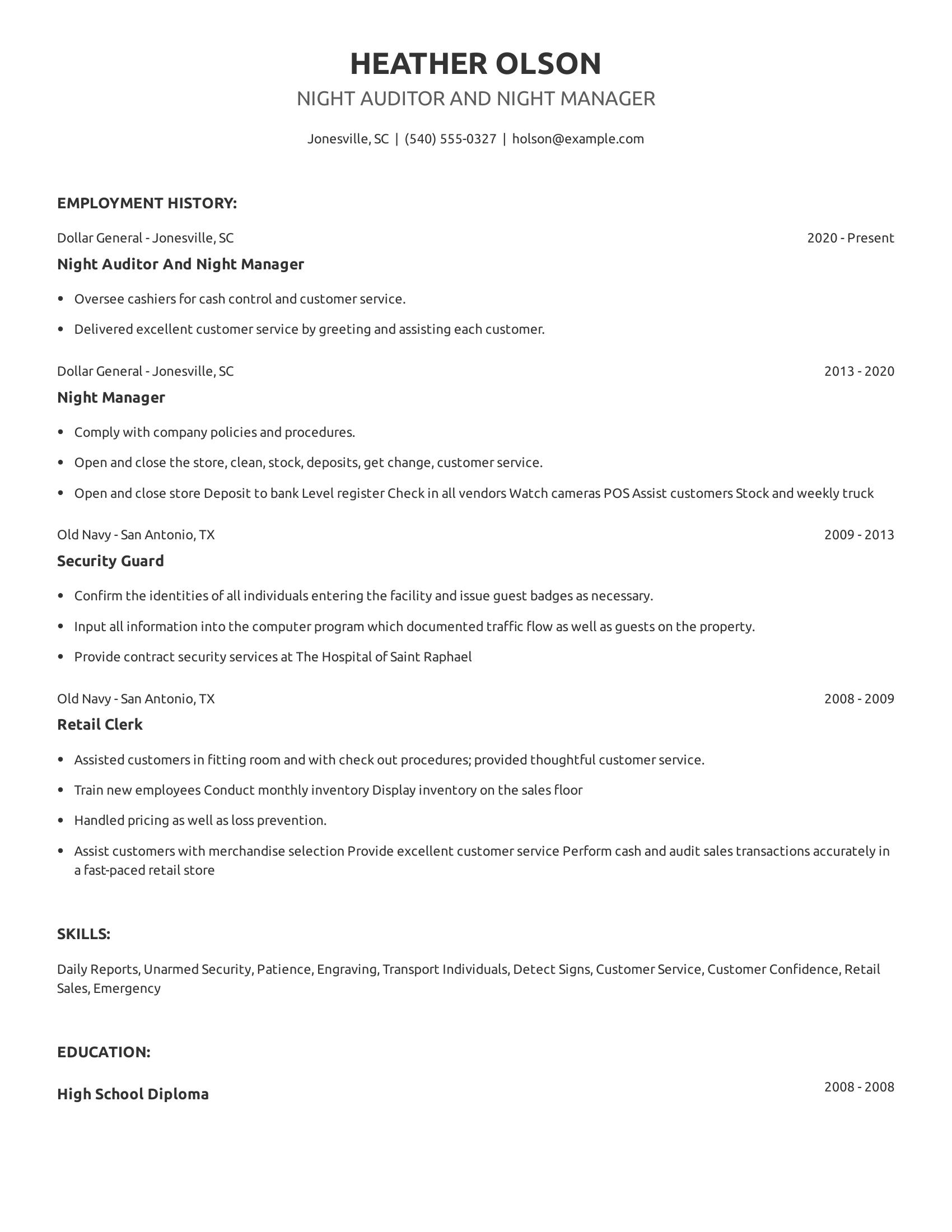 Night Auditor And Night Manager resume example