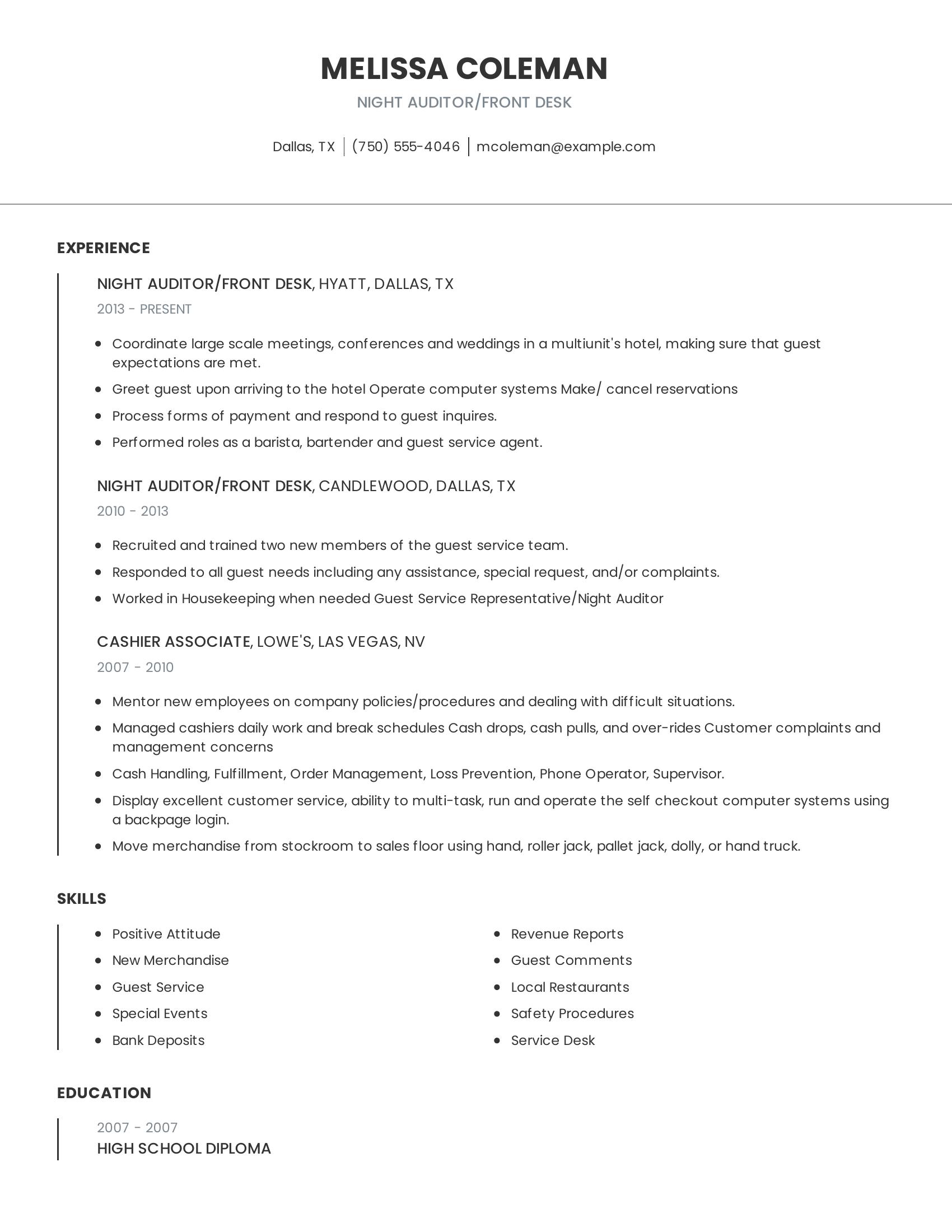 Night Auditor/Front Desk resume example