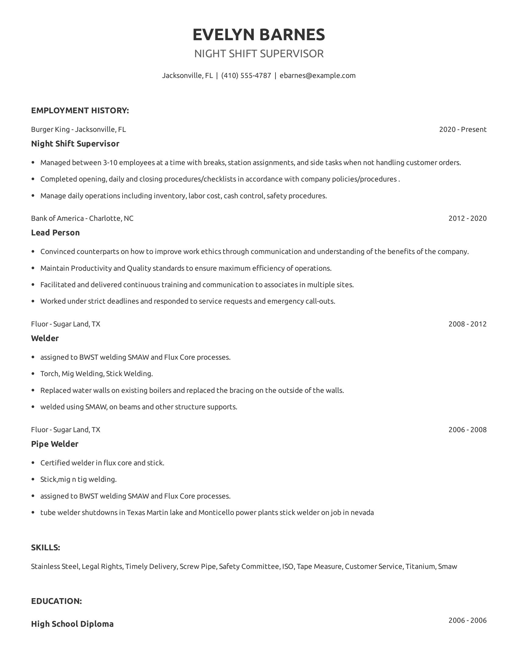 Night Shift Supervisor resume example