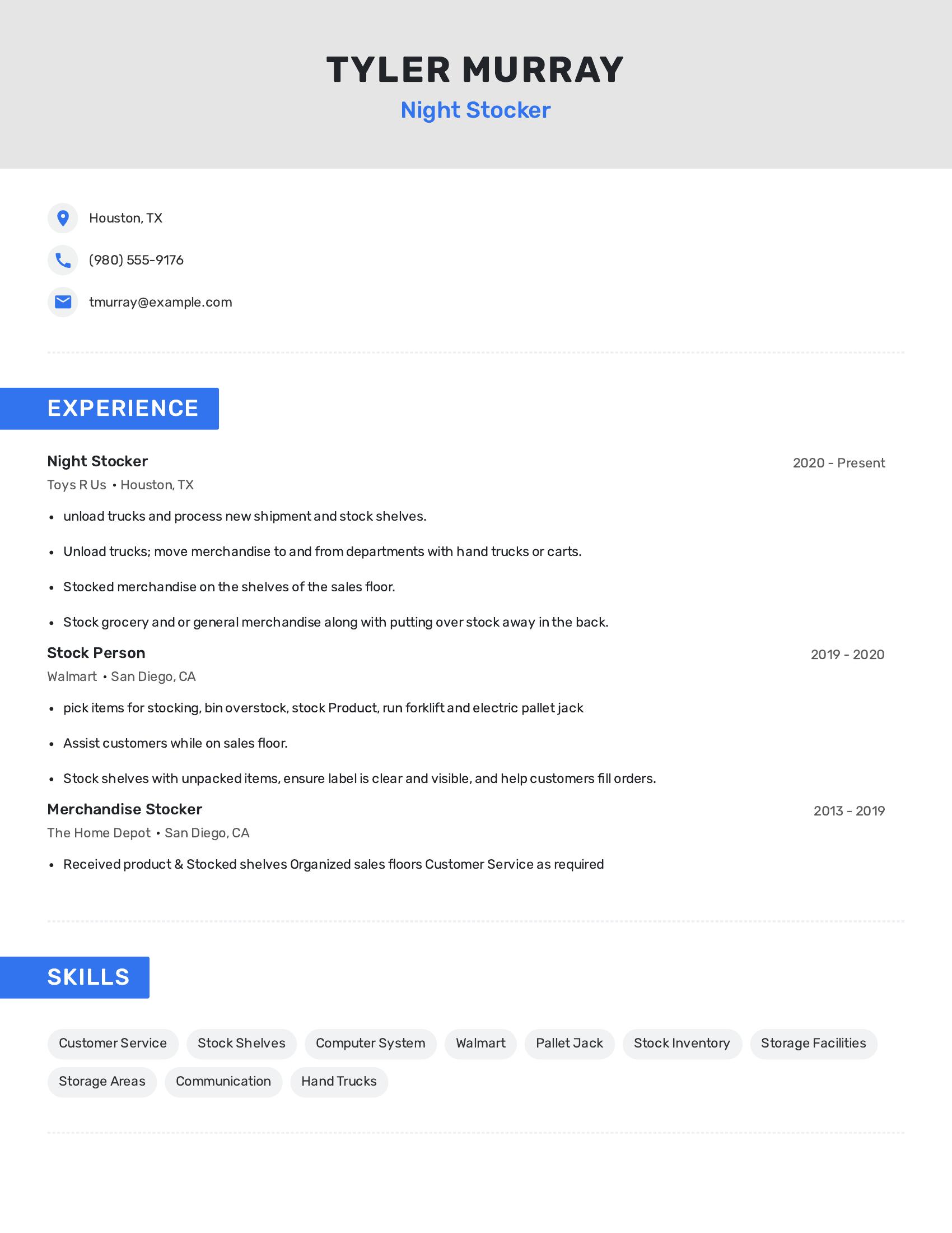 Night Stocker resume example