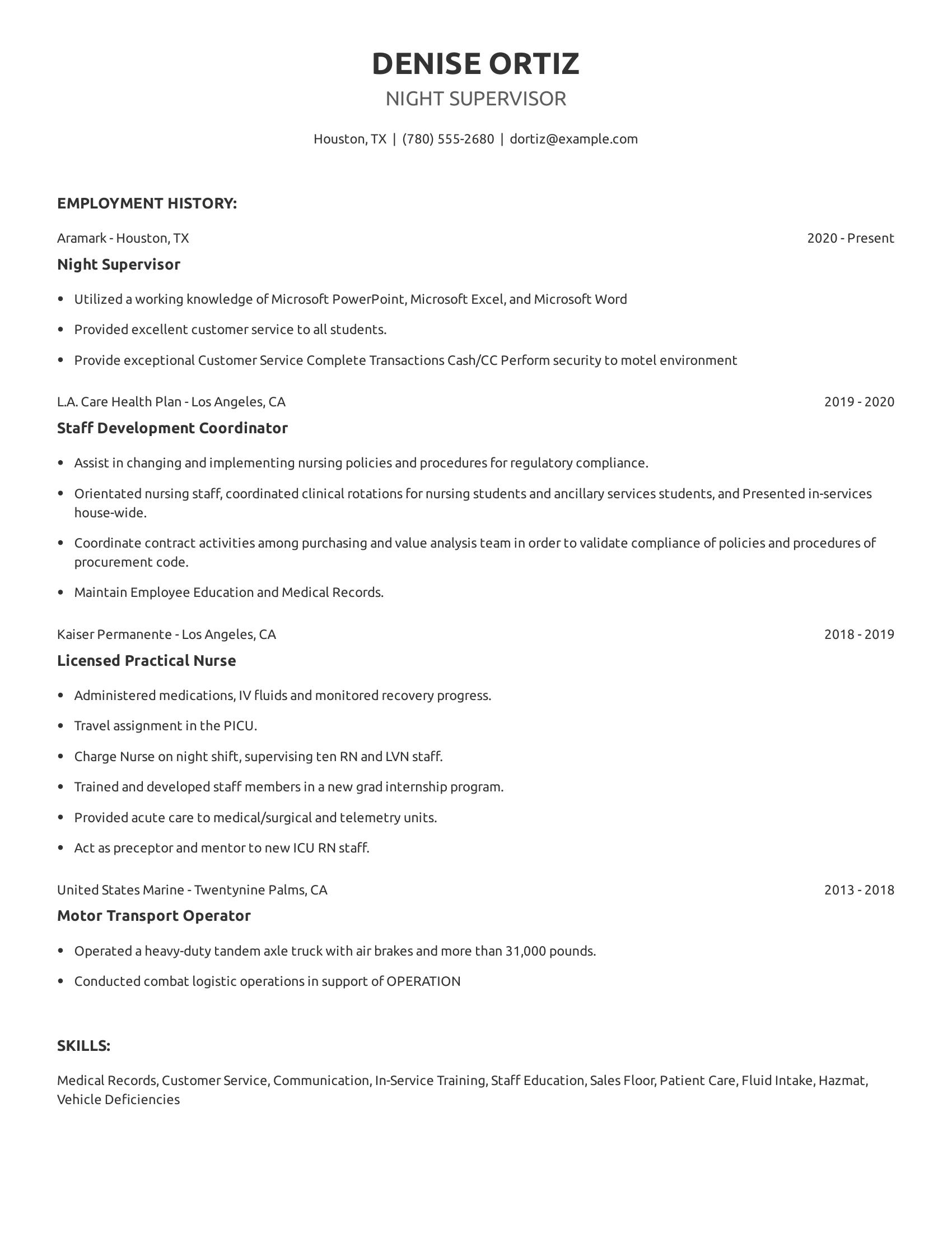 Night Supervisor resume example