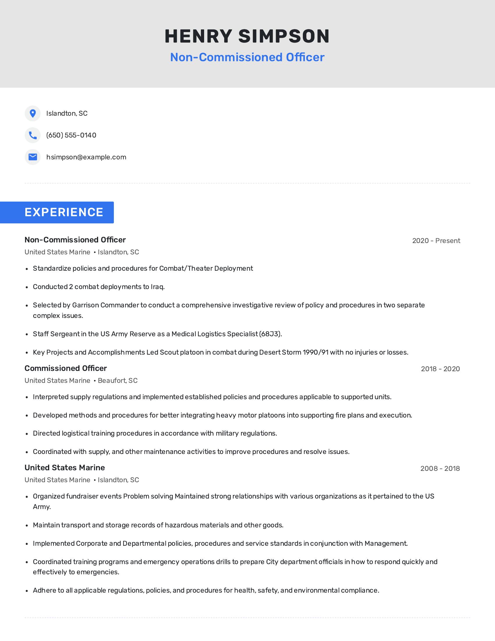 Non-Commissioned Officer resume example