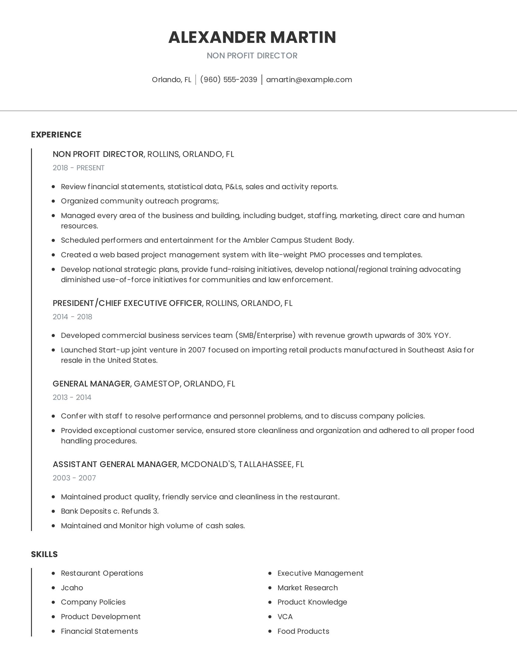 Non Profit Director resume example