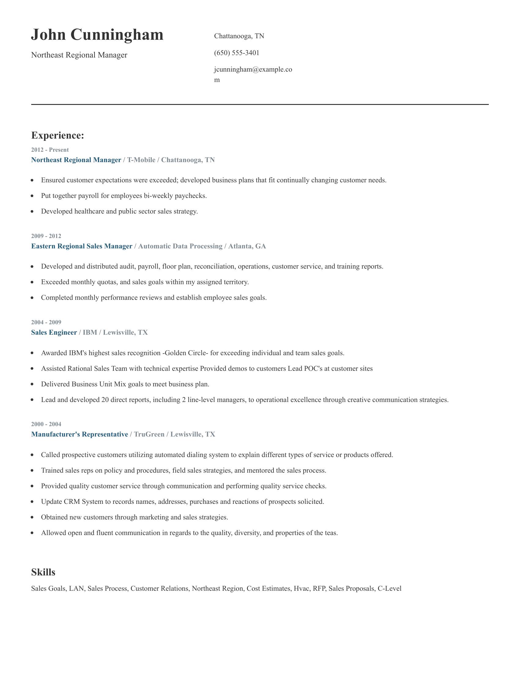 Northeast Regional Manager resume example