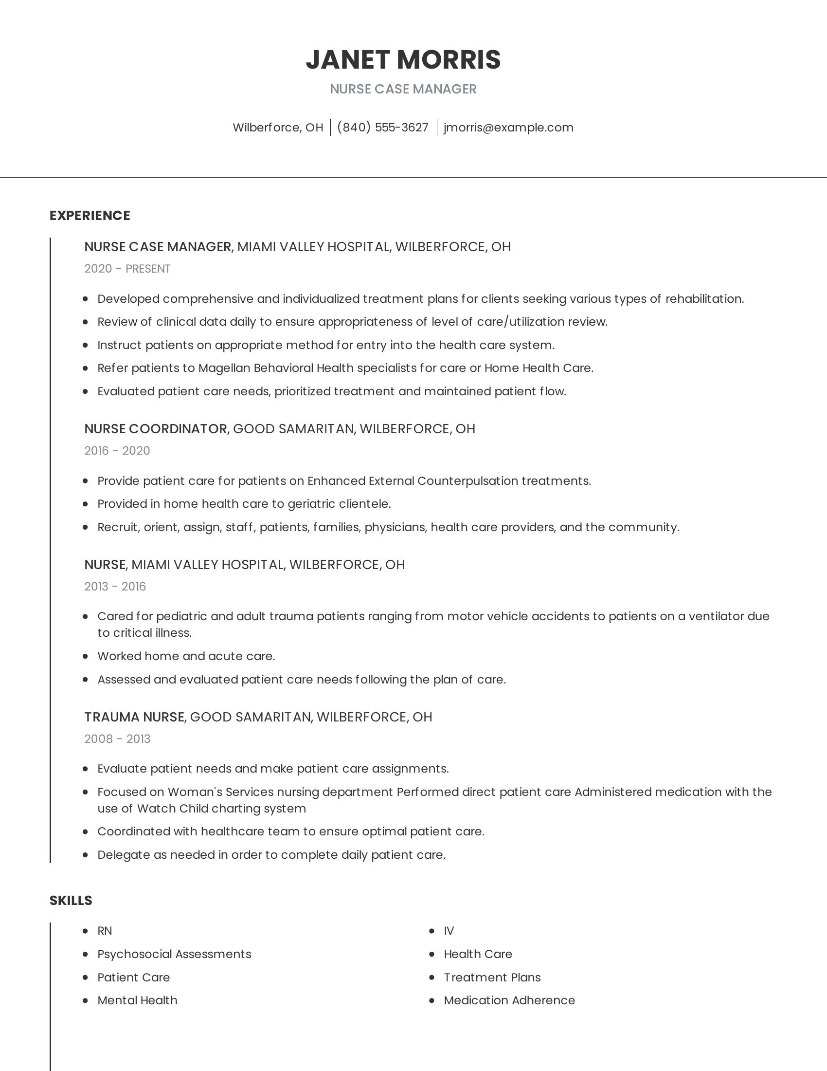 Nurse Case Manager resume example