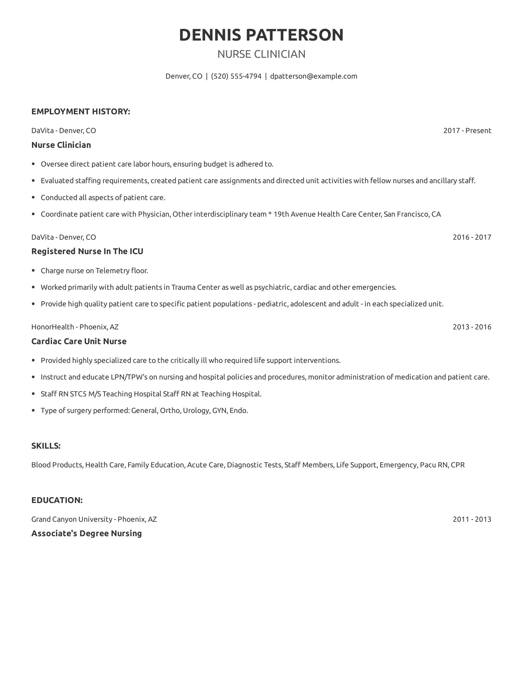 Nurse Clinician resume example