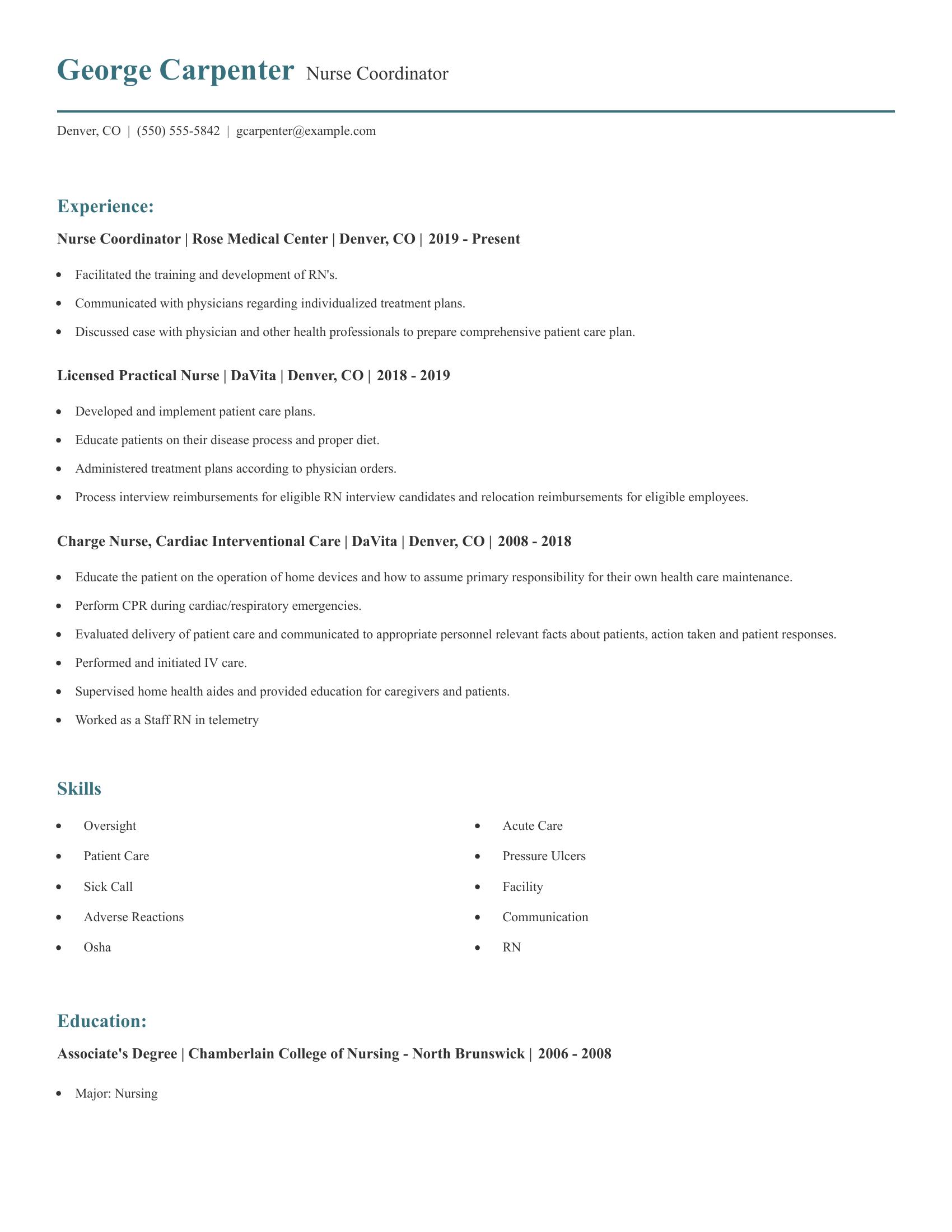 Nurse Coordinator resume example