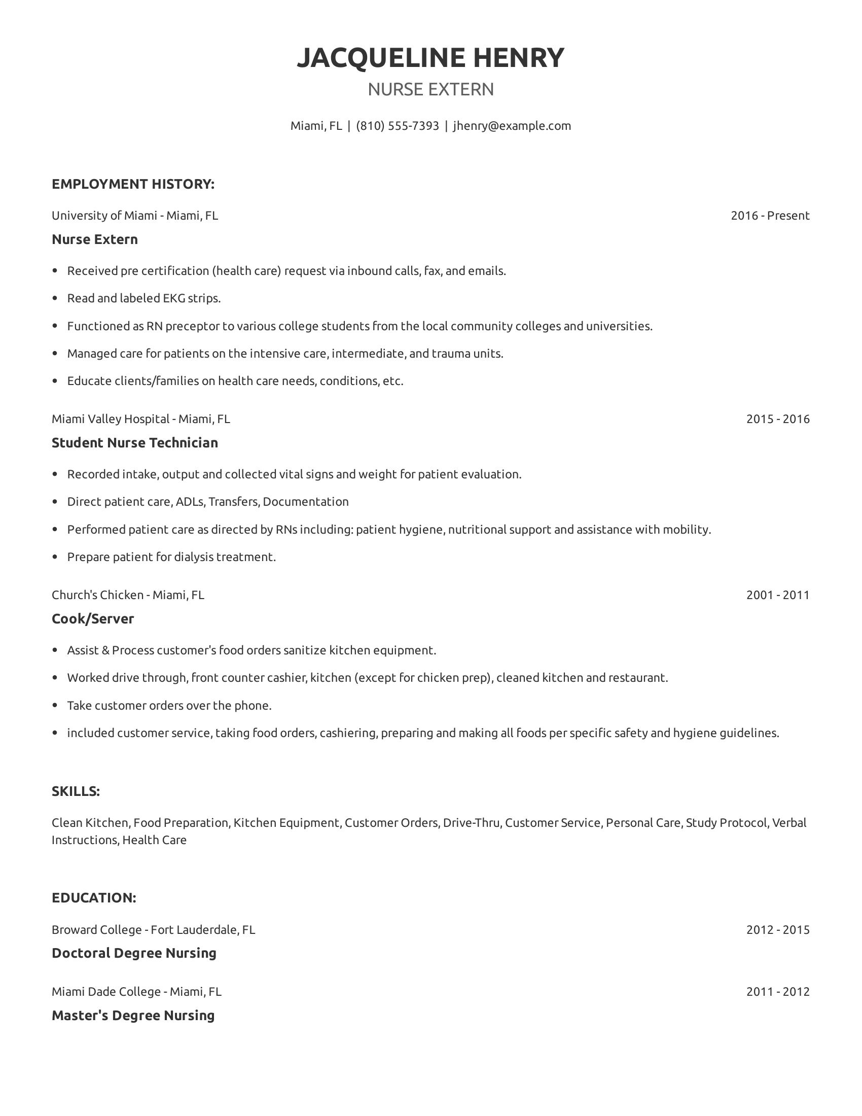 Nurse Extern resume example