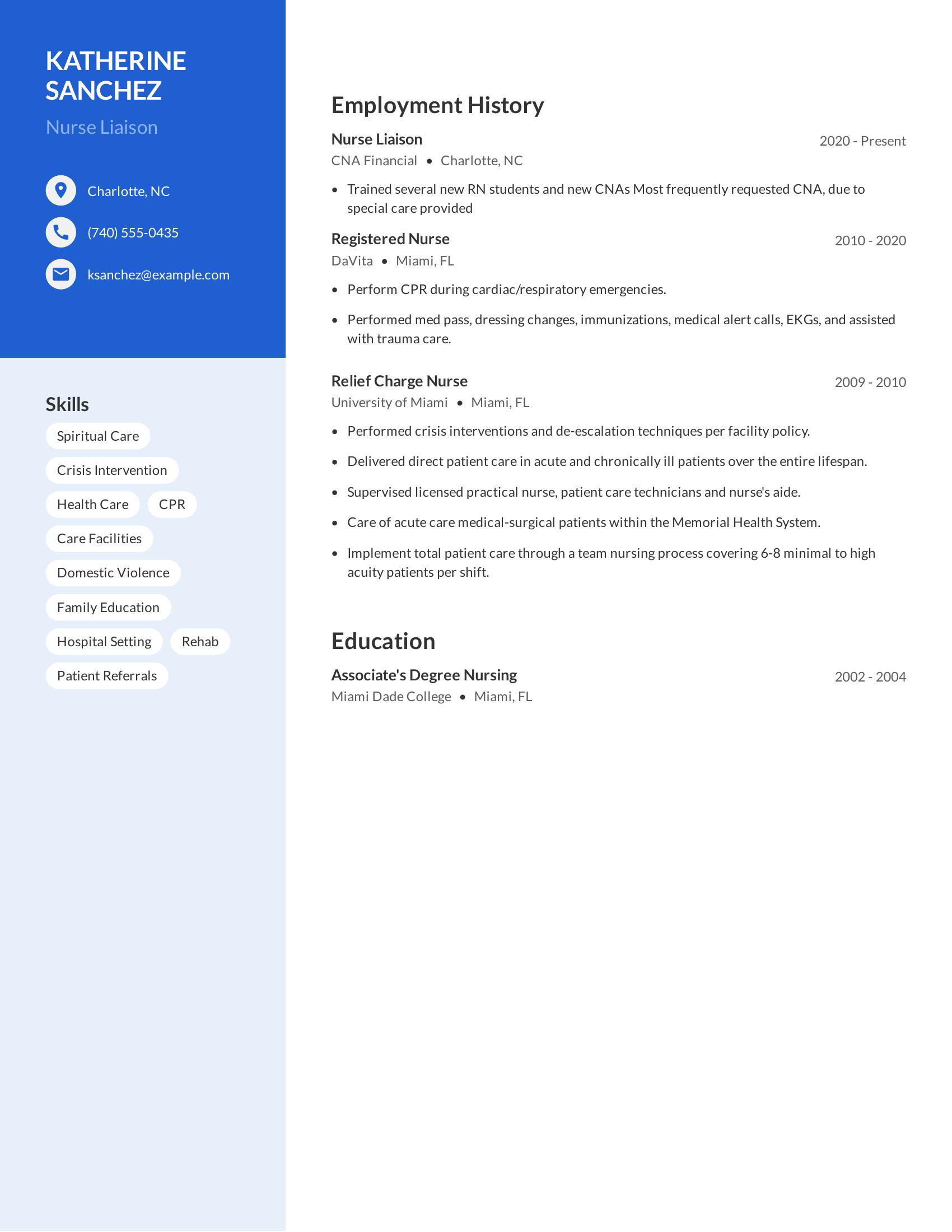 Nurse Liaison resume example