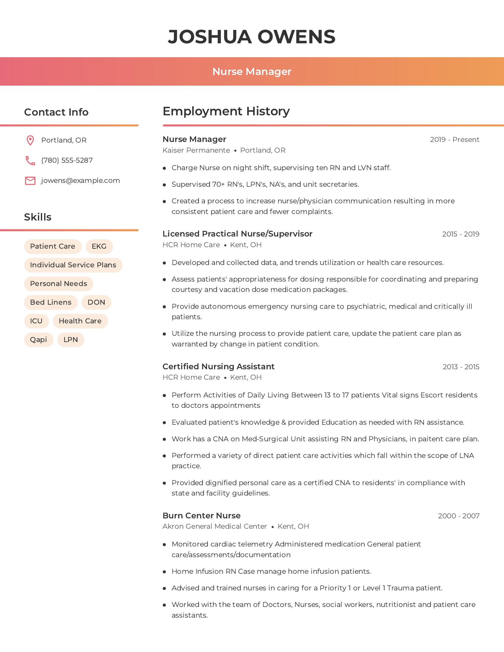 Nurse Manager resume example