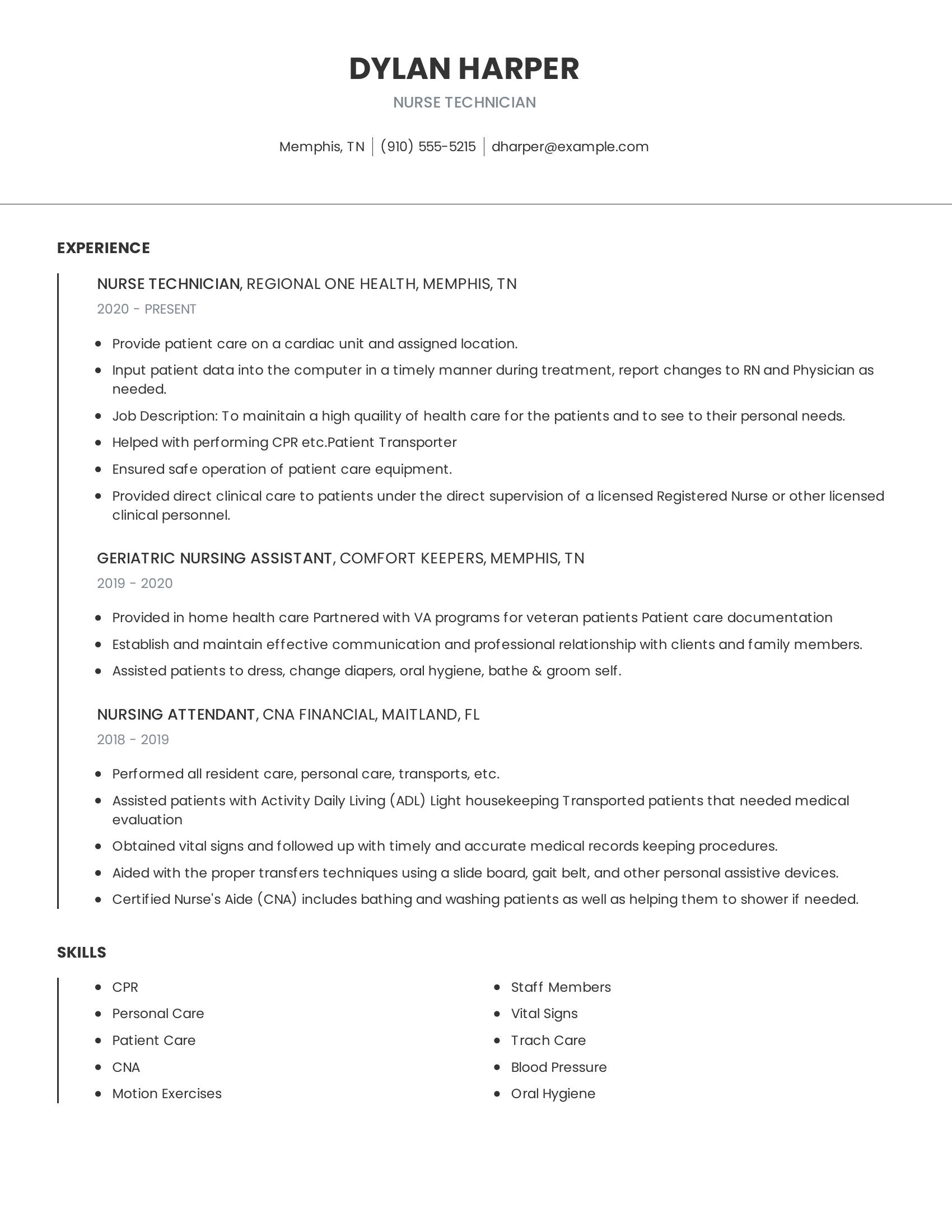 Nurse Technician resume example