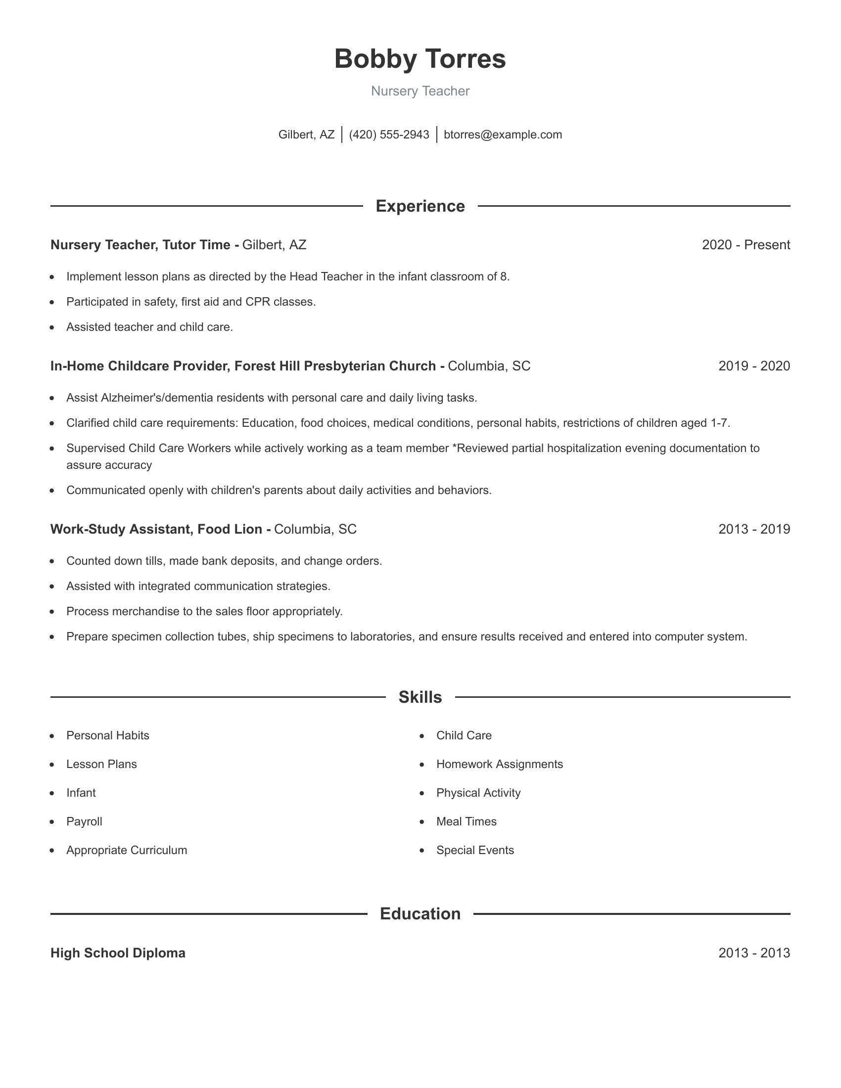 Nursery Teacher resume example