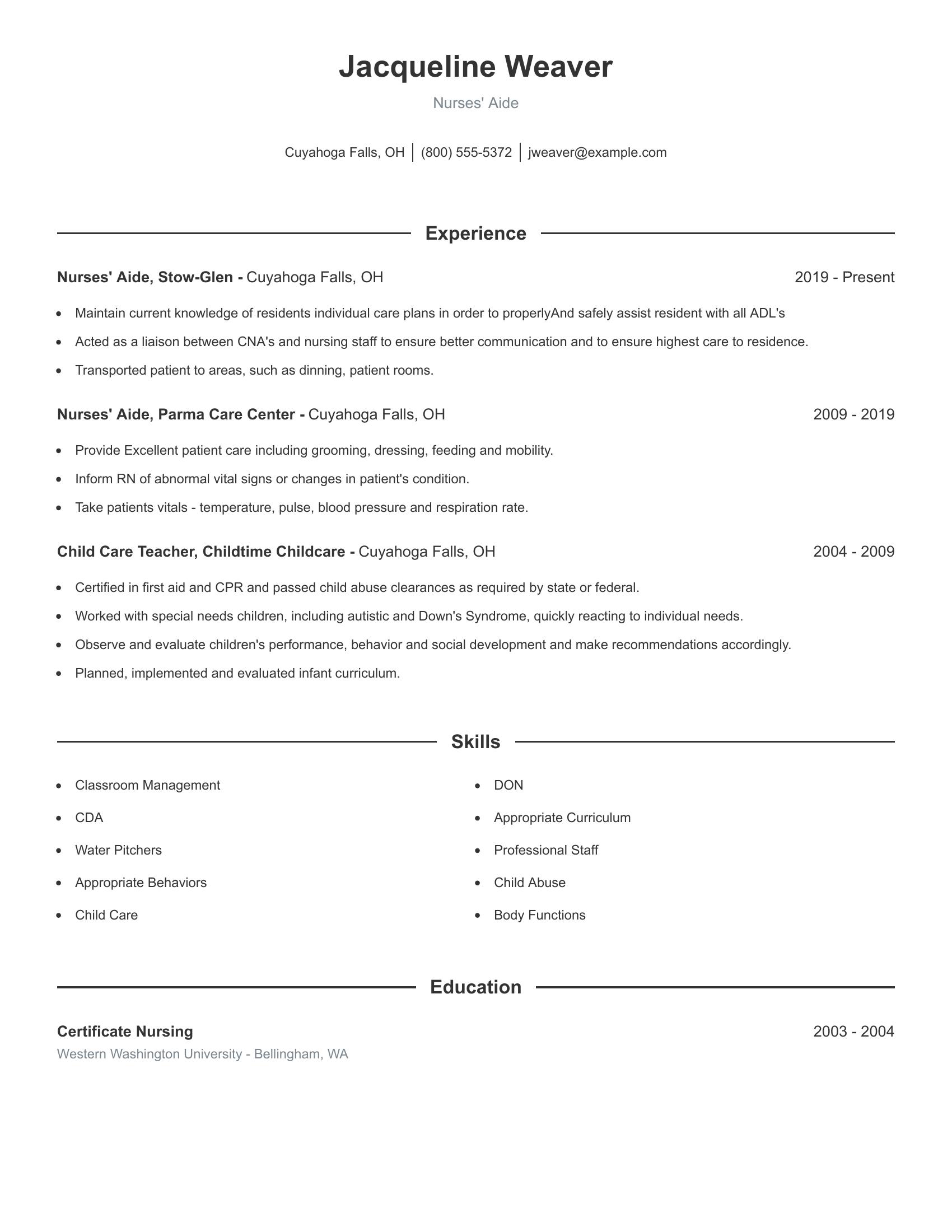 Nurse's aide Resume Teamplate