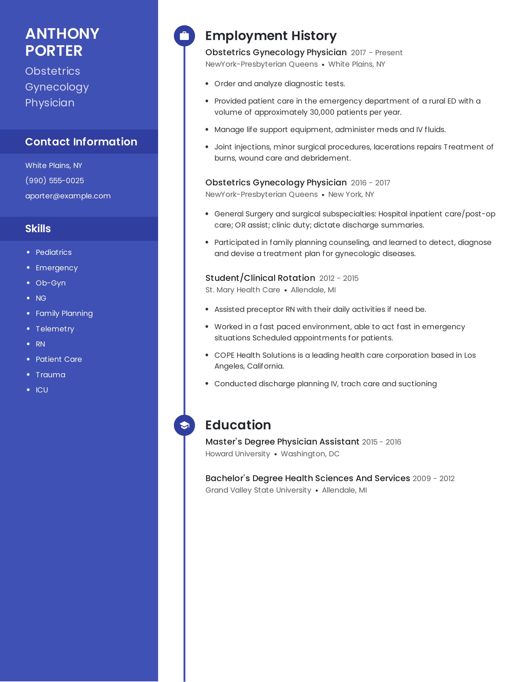 Obstetrics Gynecology Physician resume example