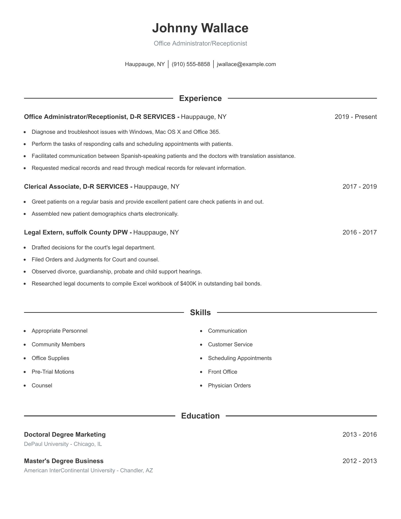 Office Administrator/Receptionist resume example