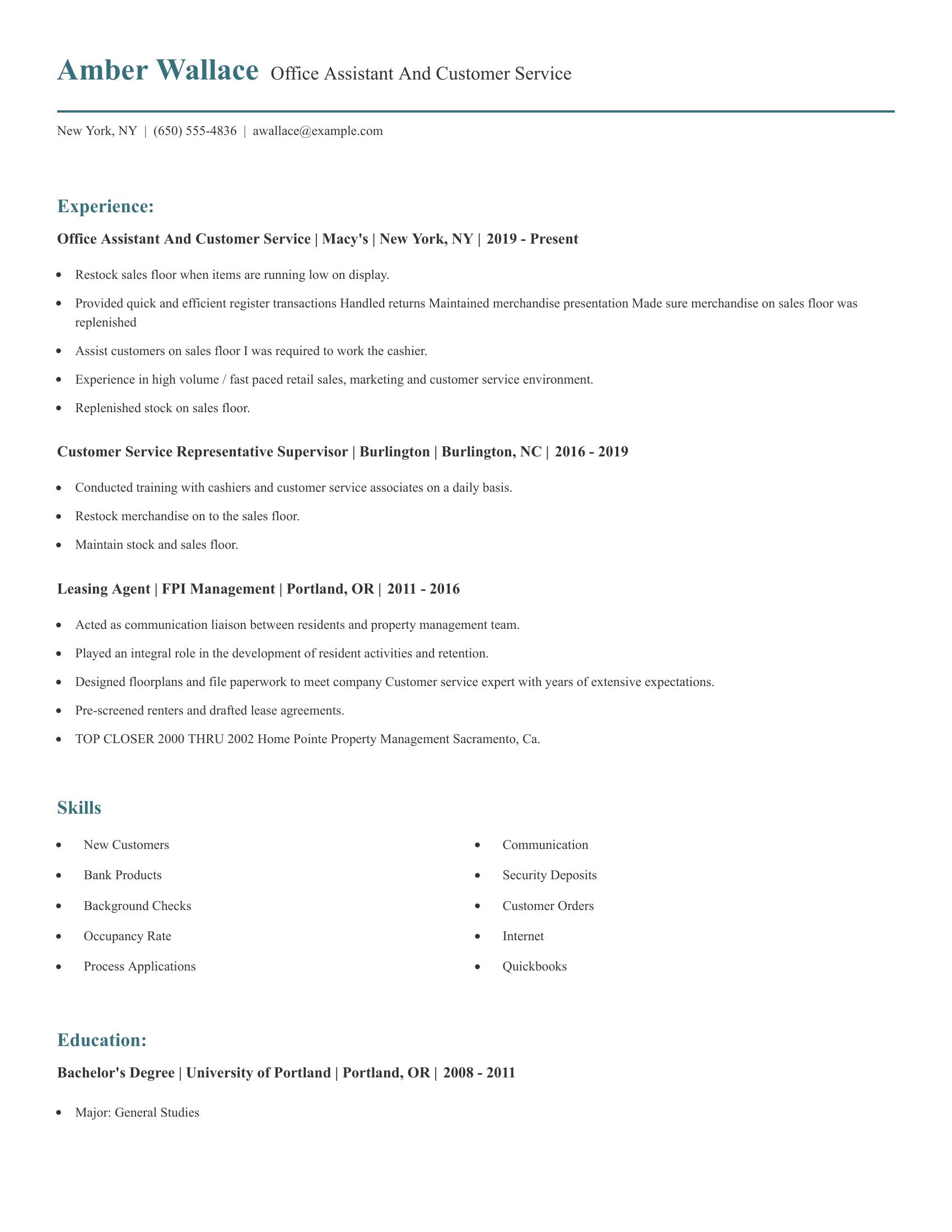 Office Assistant And Customer Service resume example