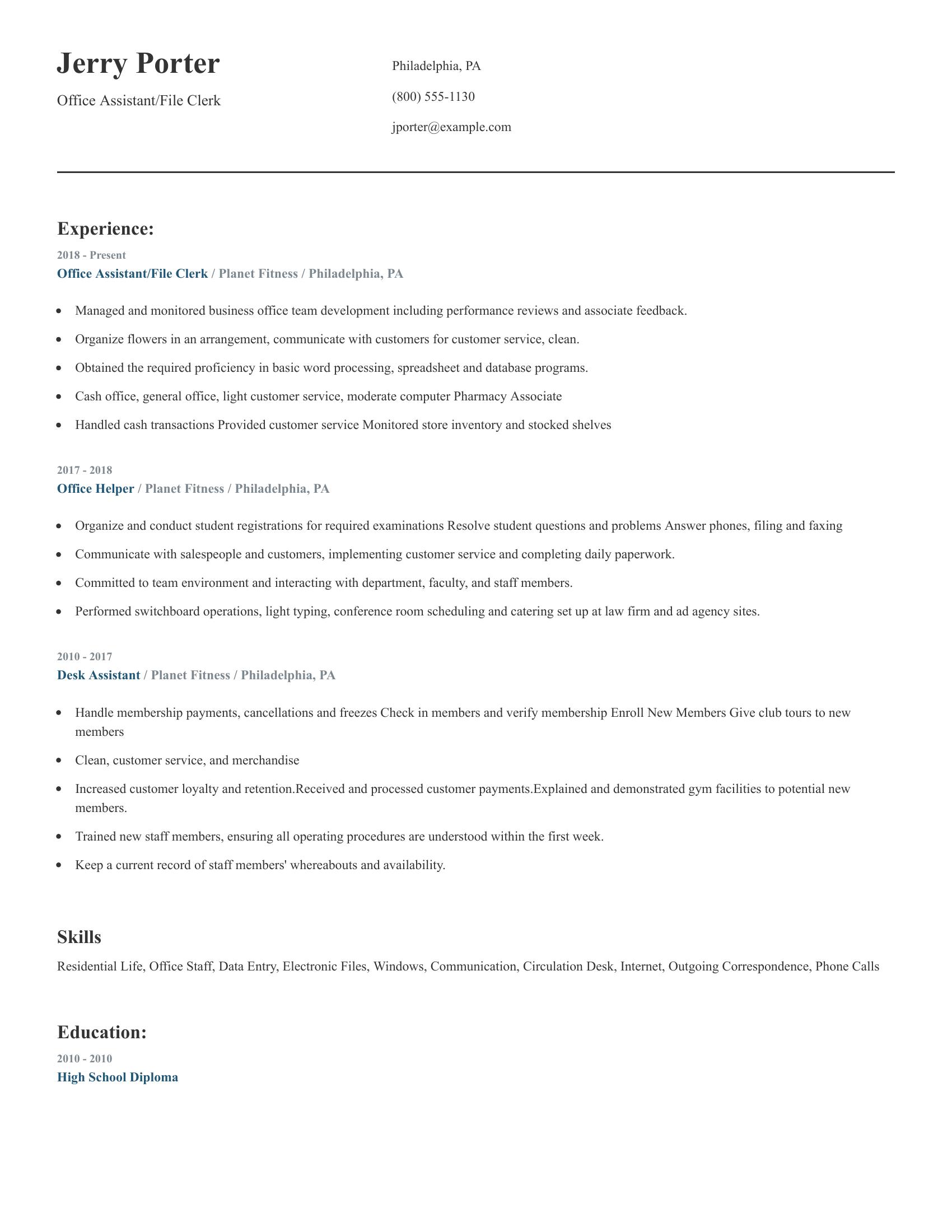 Office Assistant/File Clerk resume example