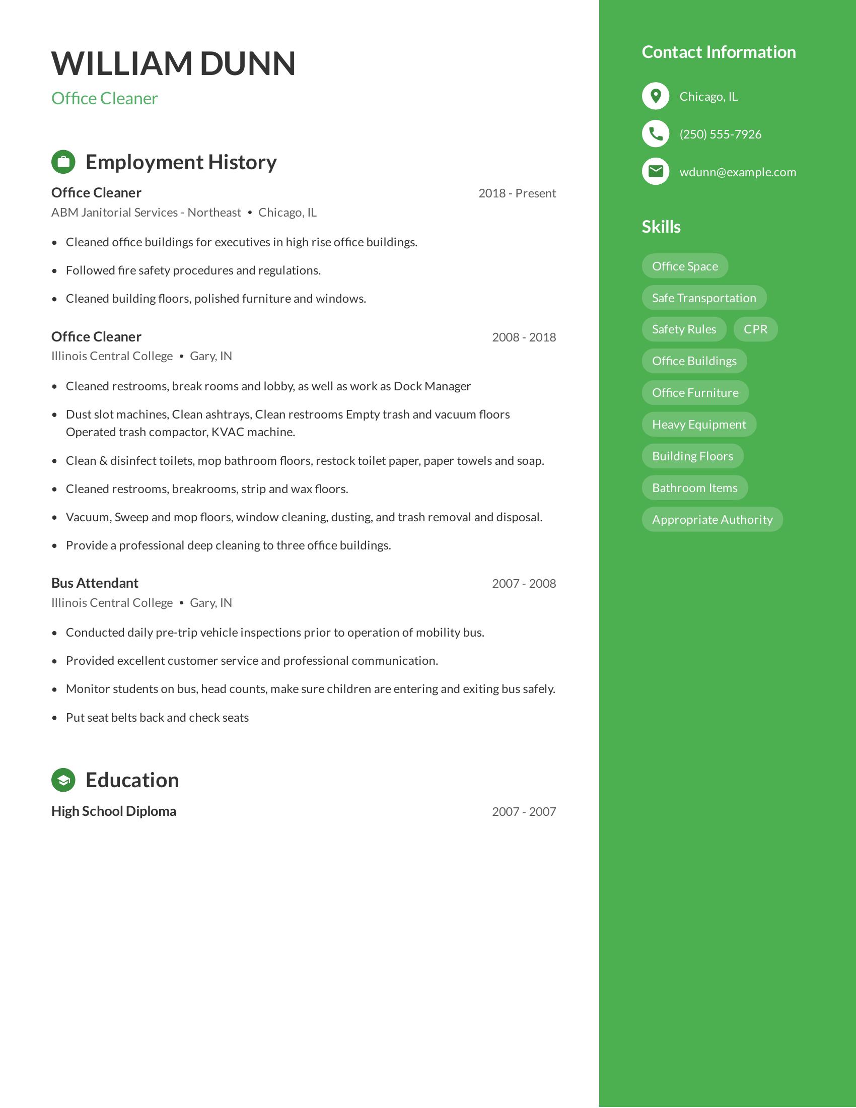 Office Cleaner resume example