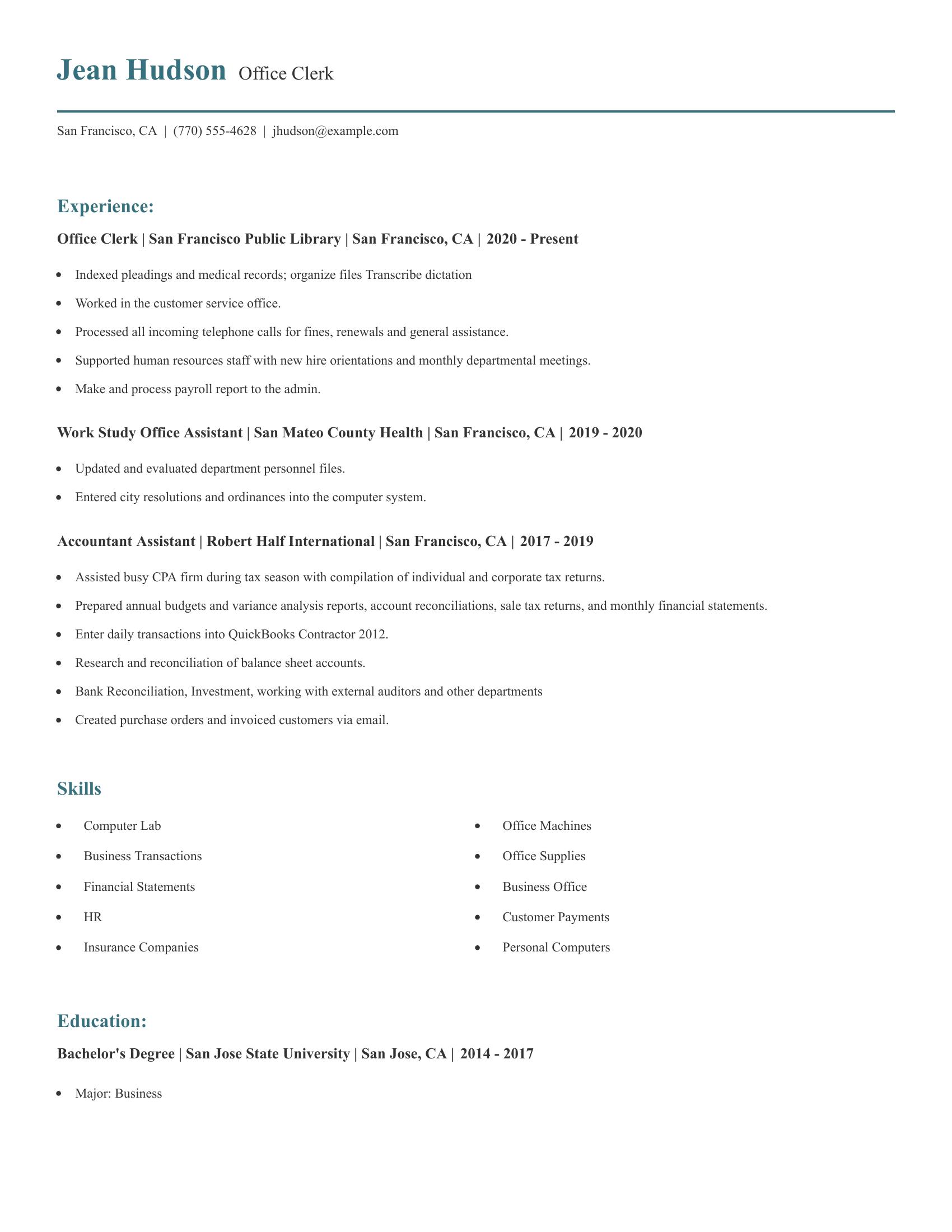 Office Clerk resume example