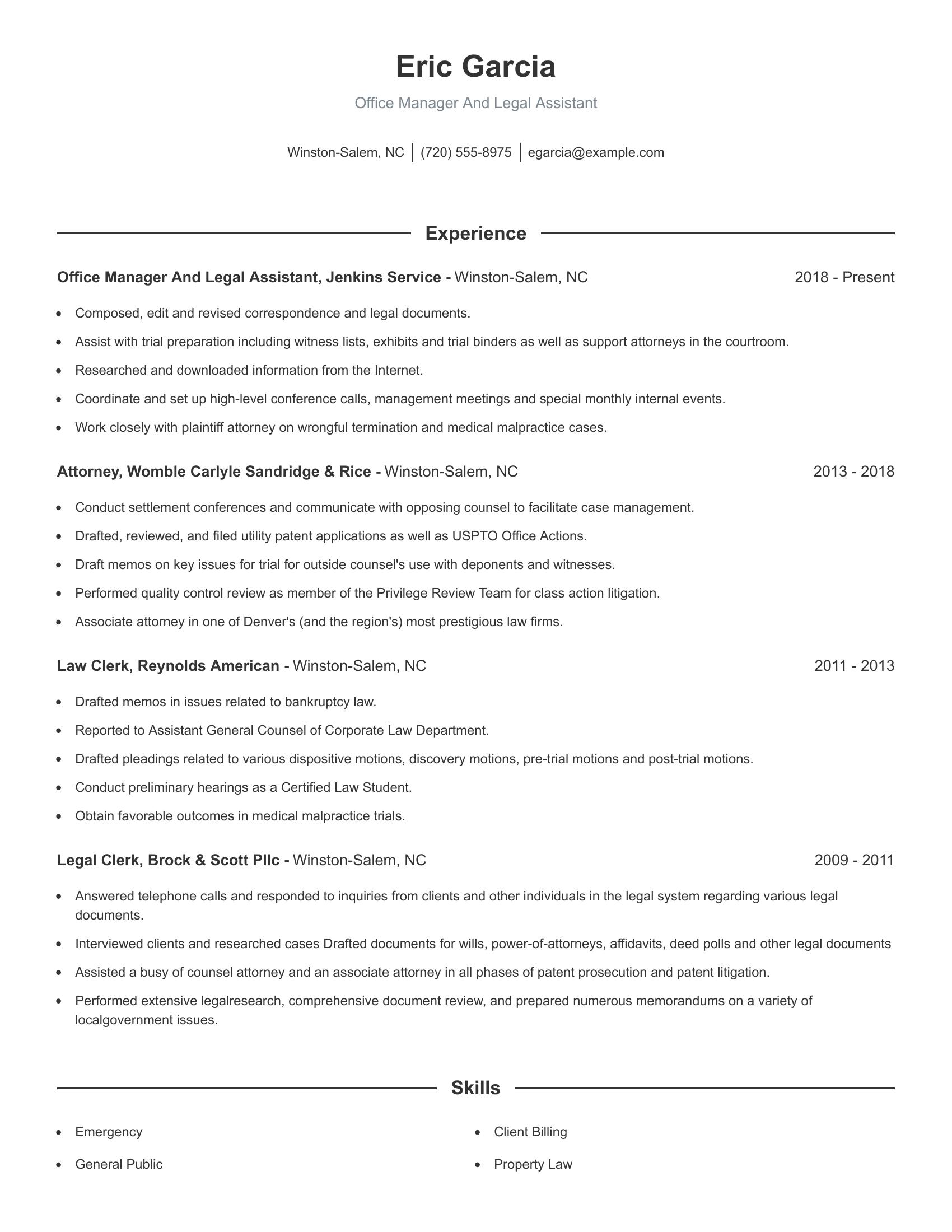 Office Manager And Legal Assistant resume example