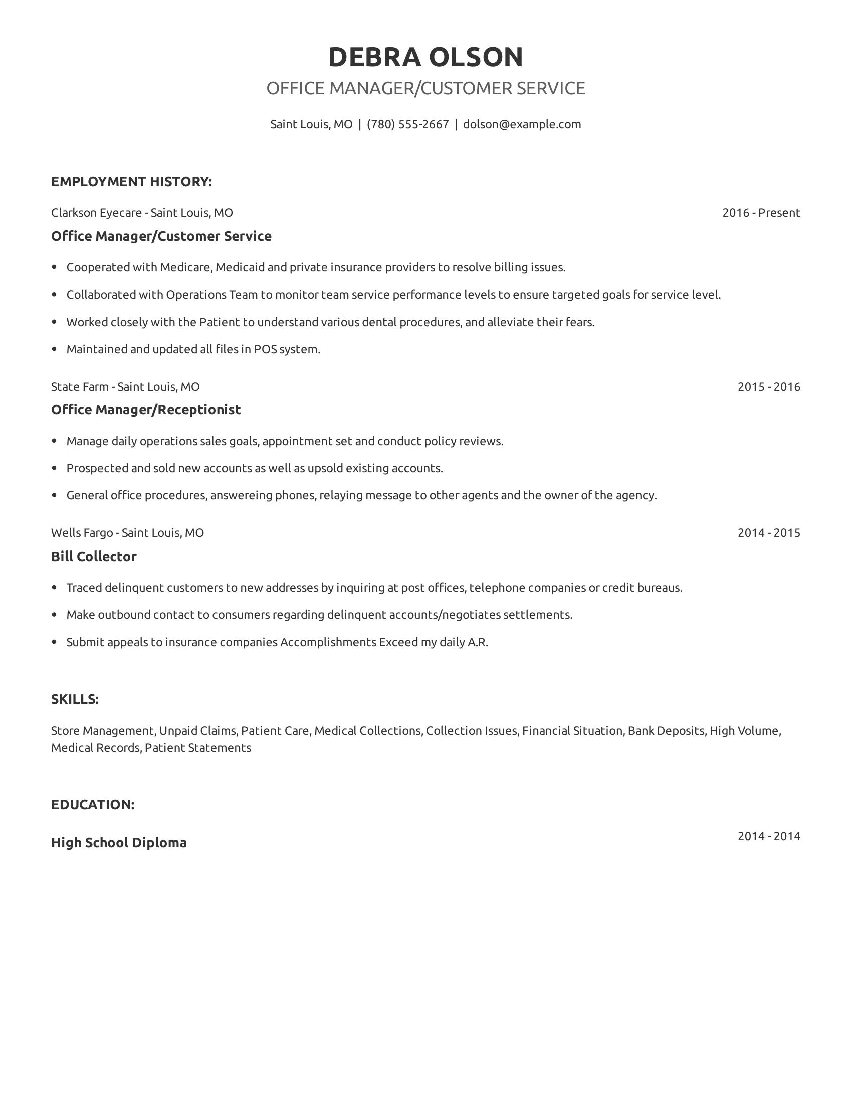 Office Manager/Customer Service resume example