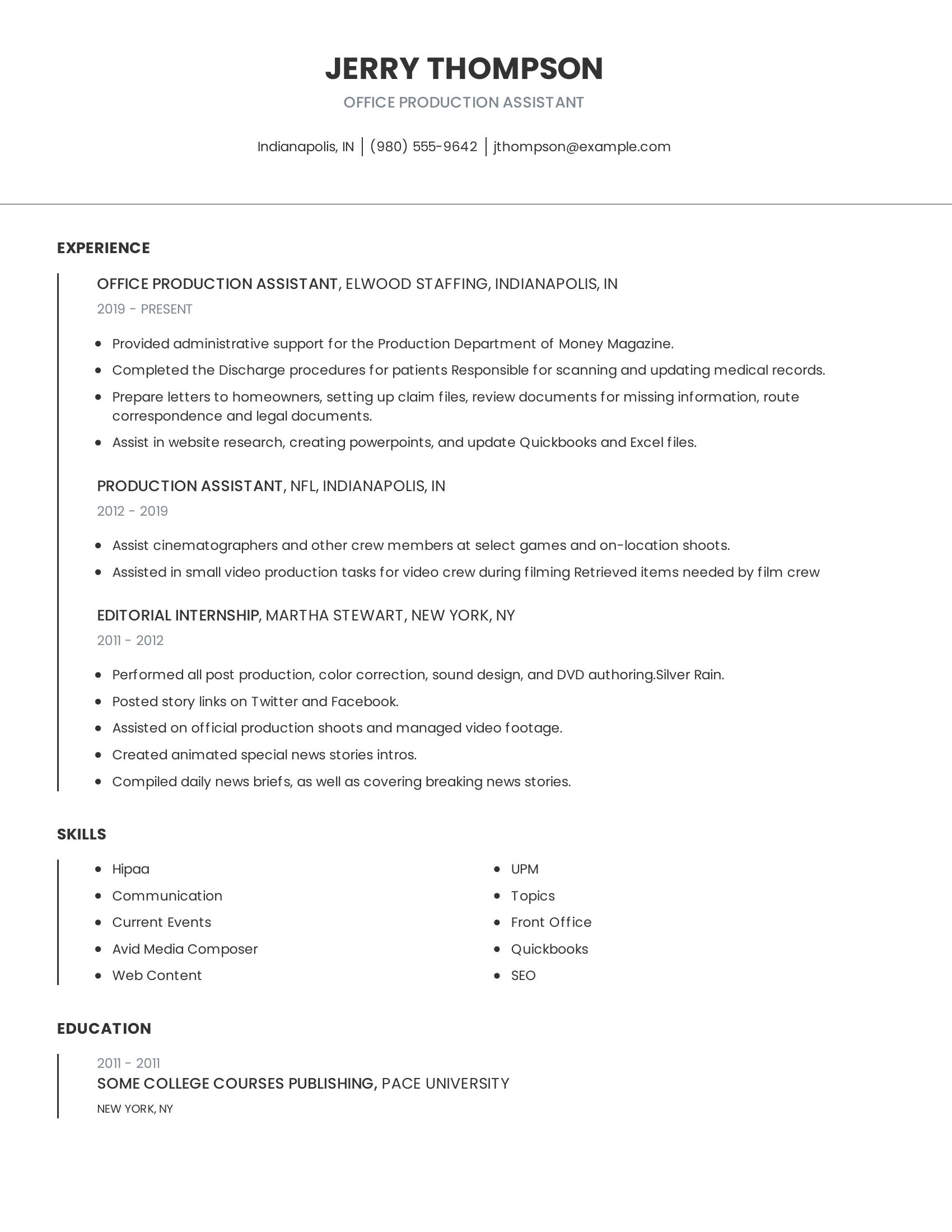 Office Production Assistant resume example