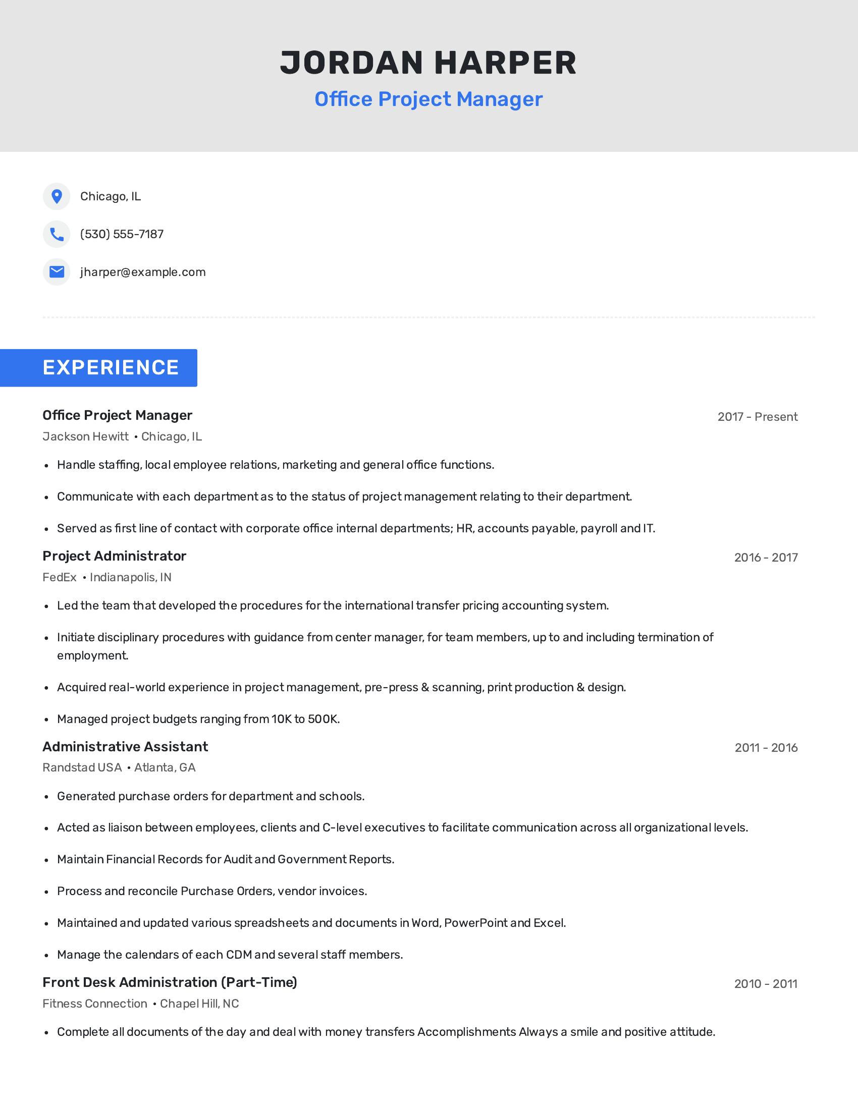 Office Project Manager resume example