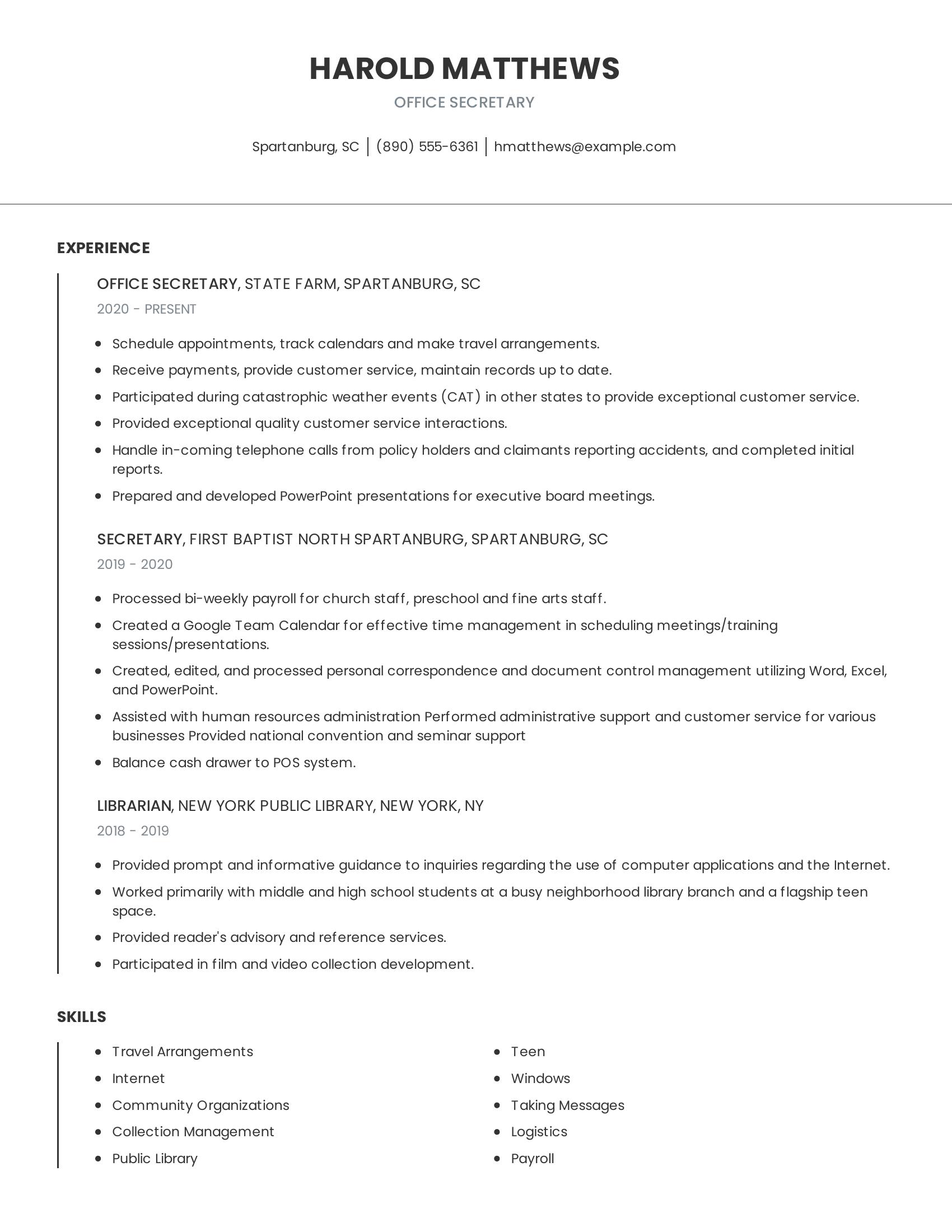 Office Secretary resume example