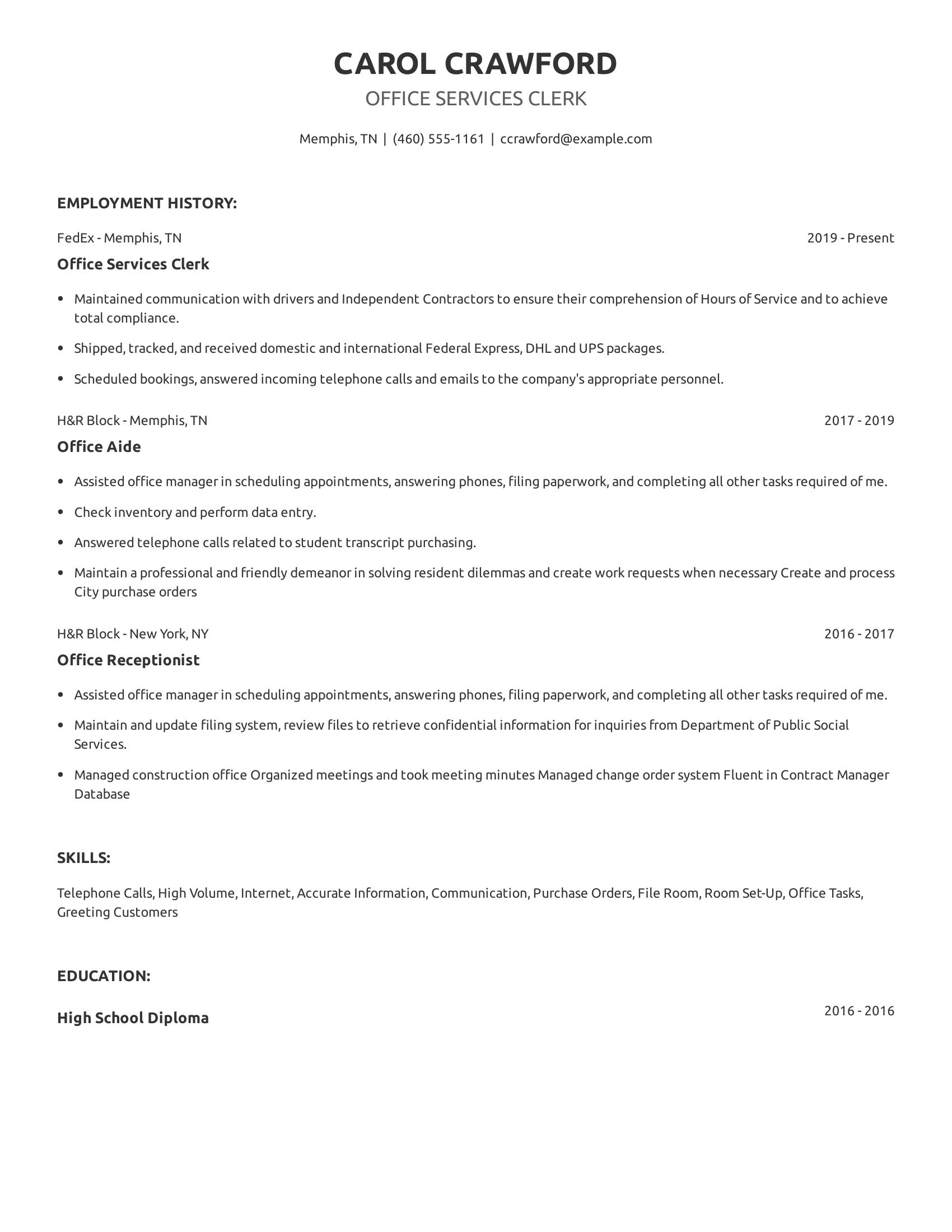 Office Services Clerk resume example