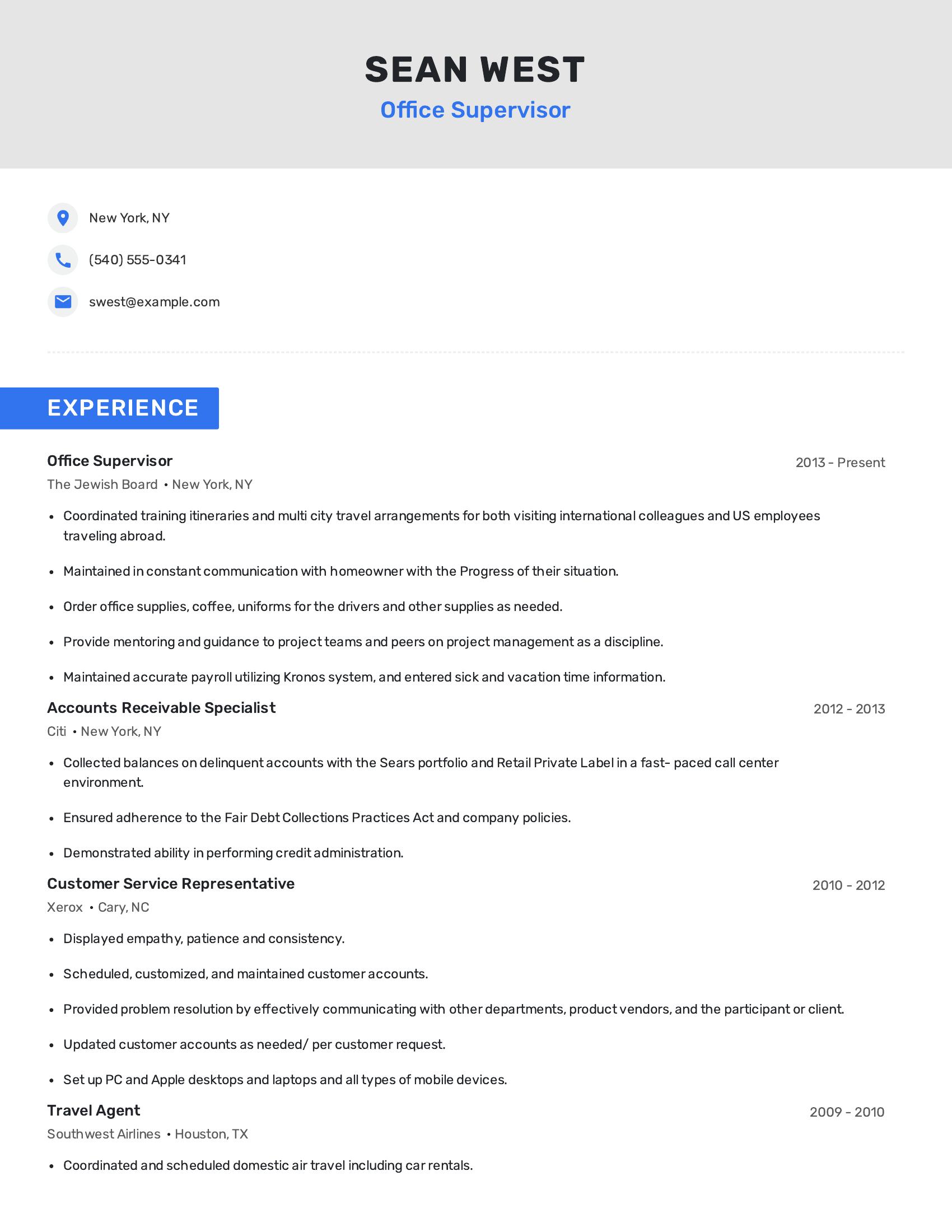Office Supervisor resume example