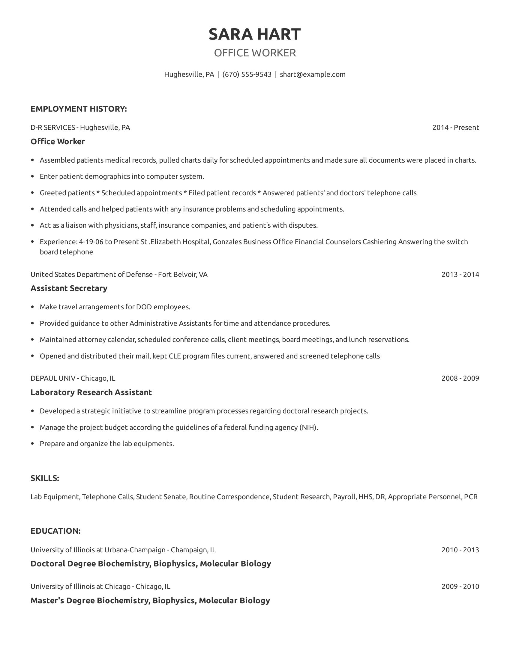 Office Worker resume example