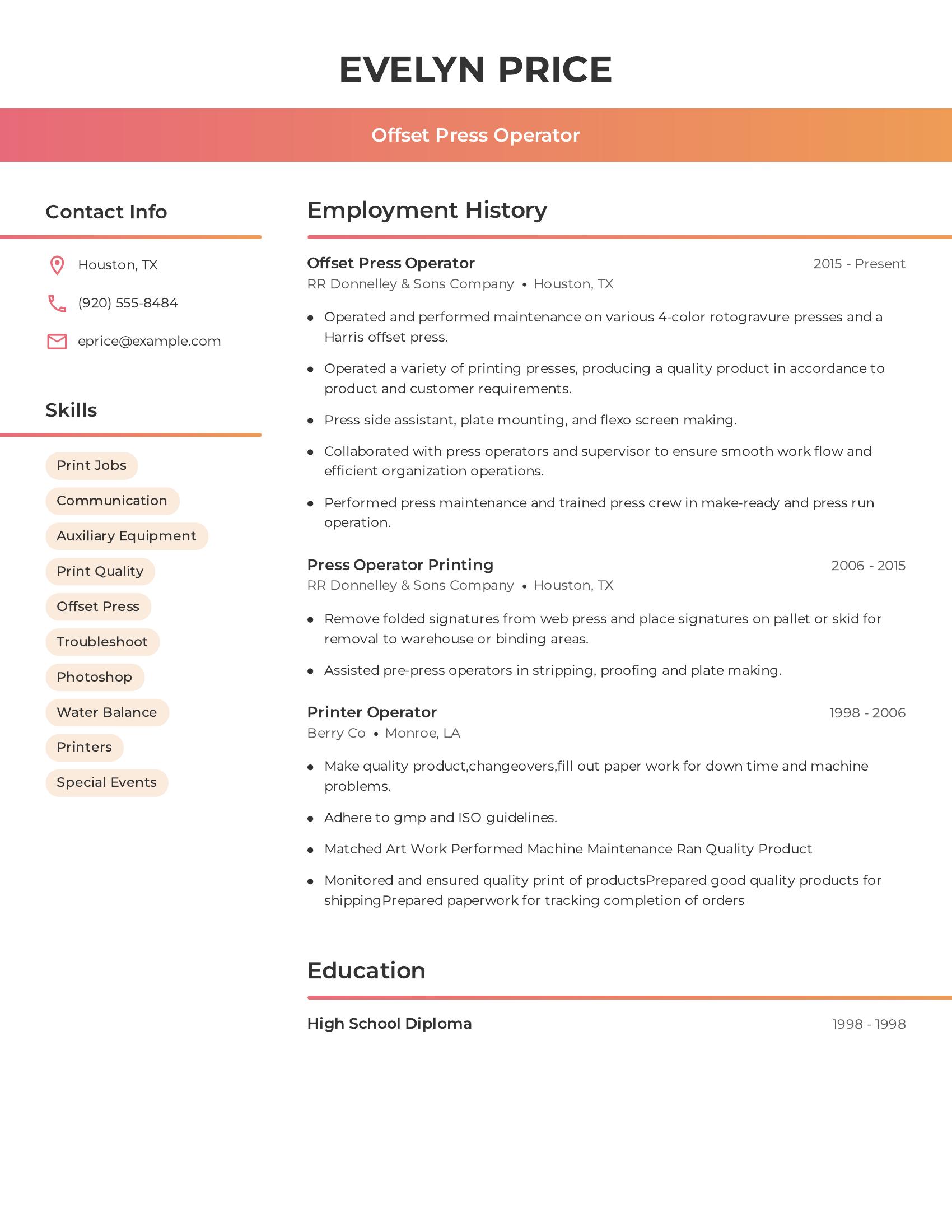 Offset Press Operator resume example