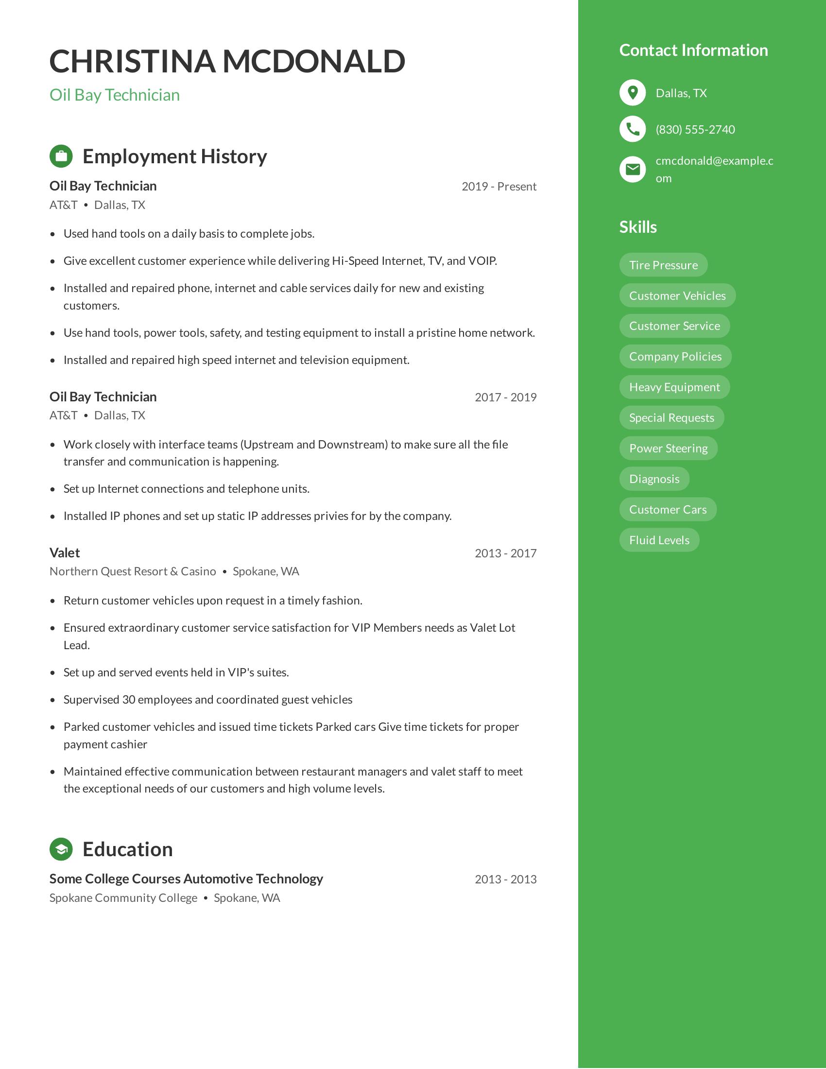 Oil Bay Technician resume example