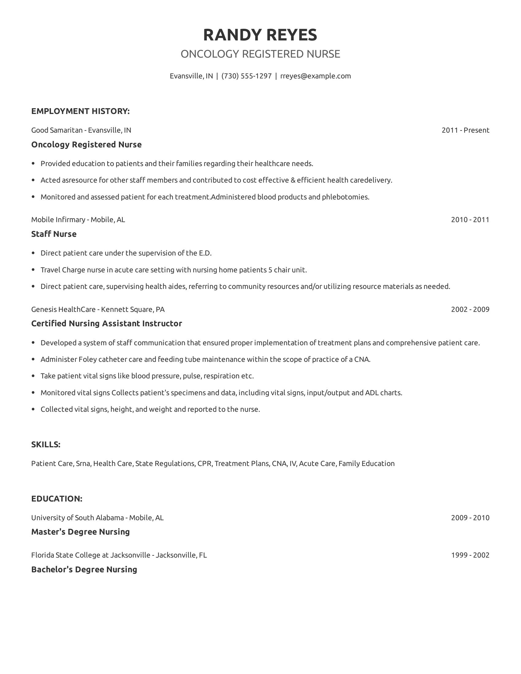 Oncology Registered Nurse resume example