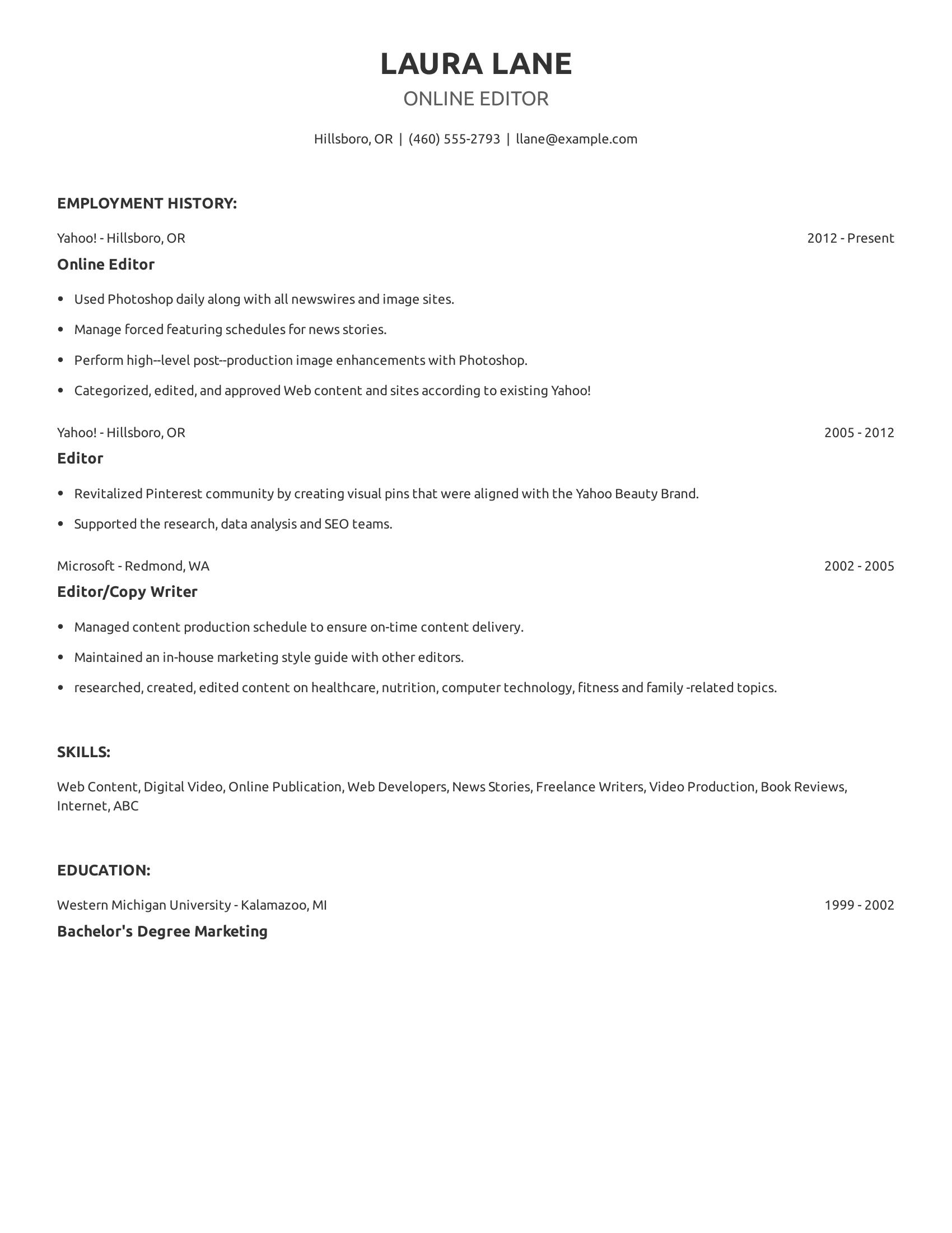 Online Editor resume example