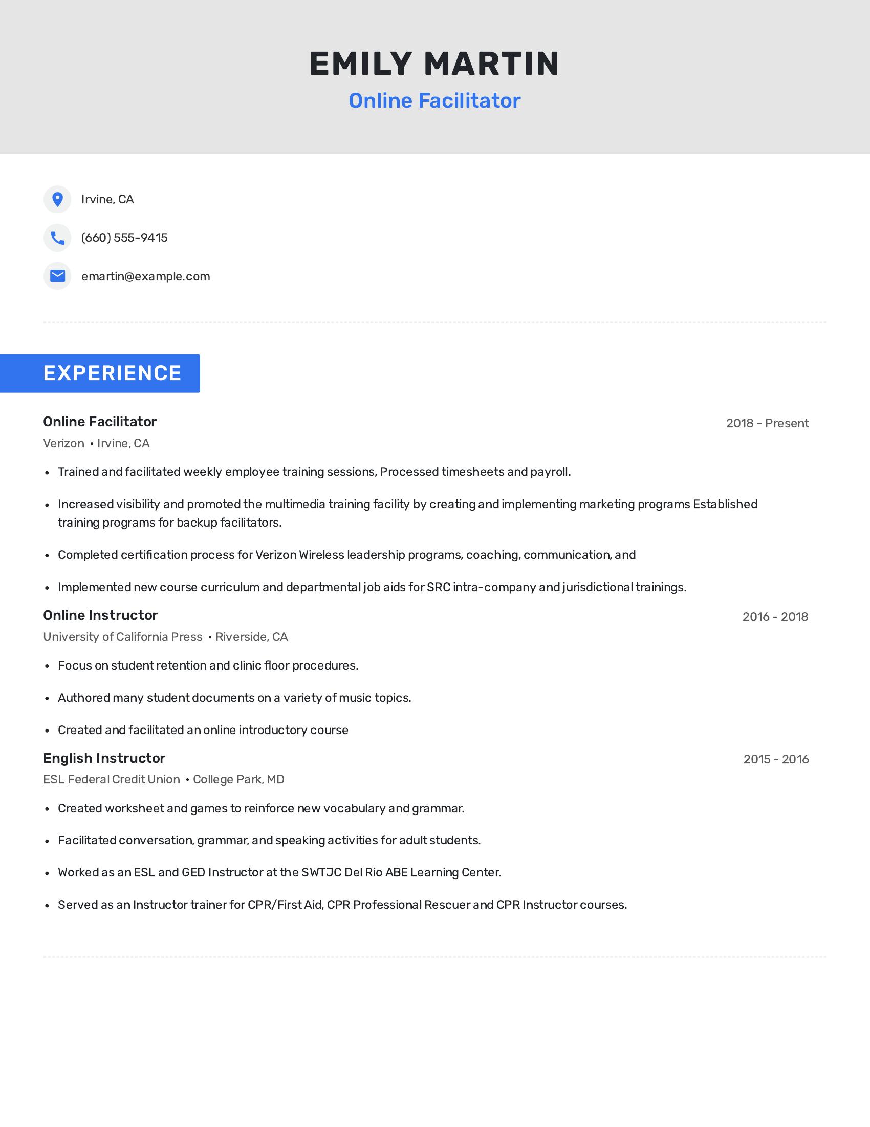 Online Facilitator resume example