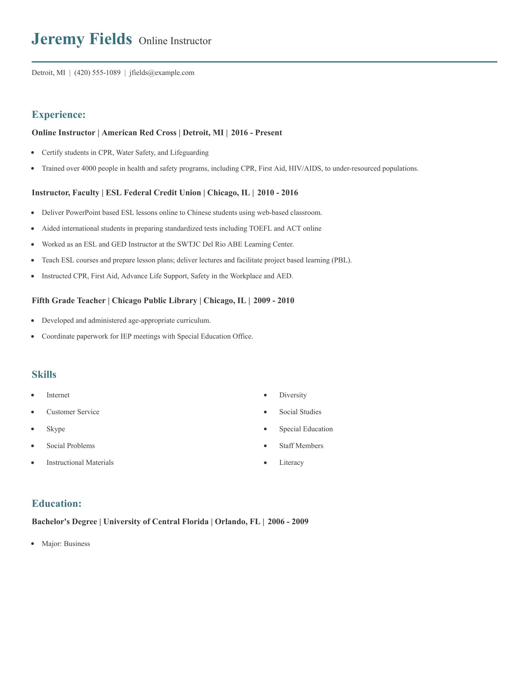 Online Instructor resume example