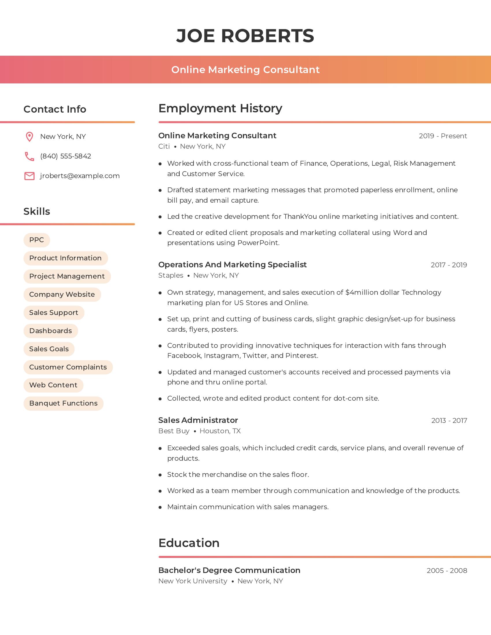 Online Marketing Consultant resume example