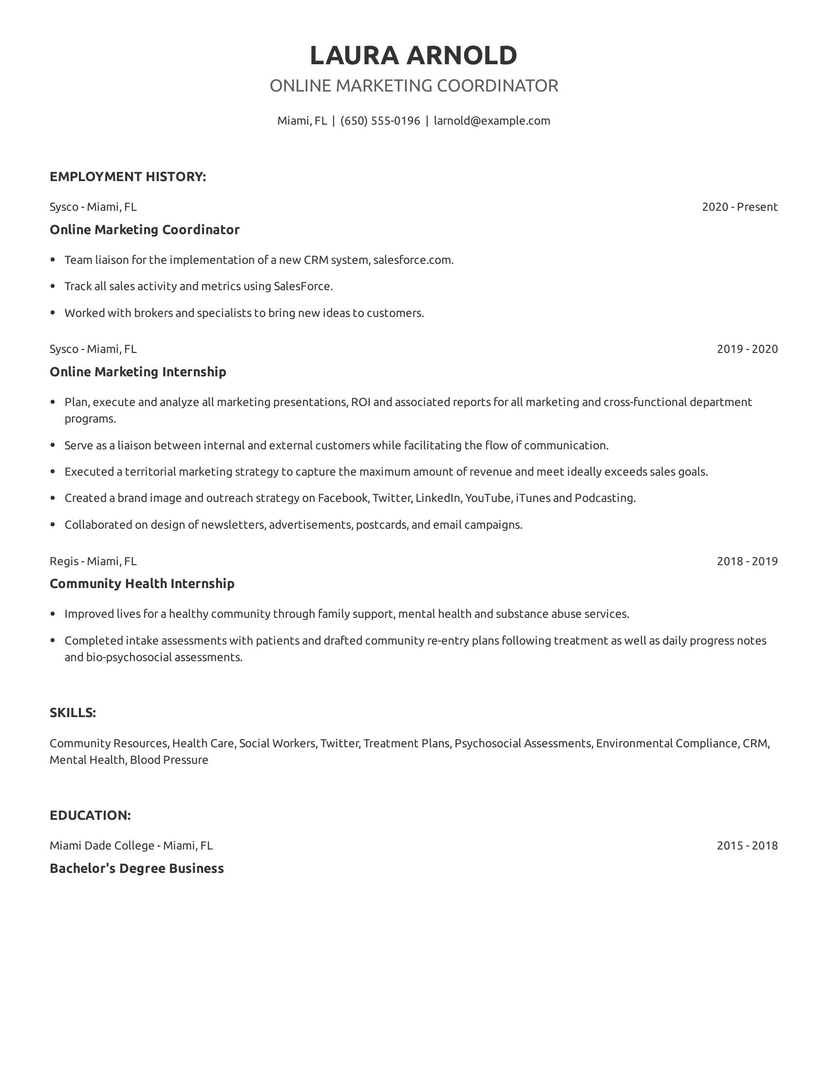 Online Marketing Coordinator resume example