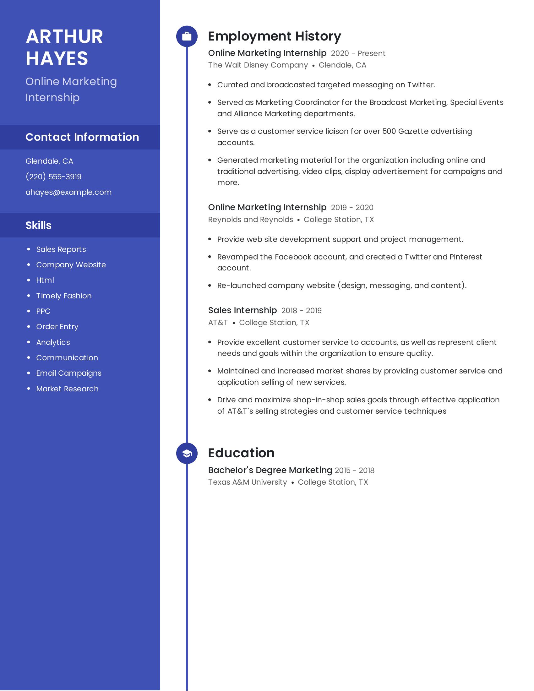 Online Marketing Internship resume example