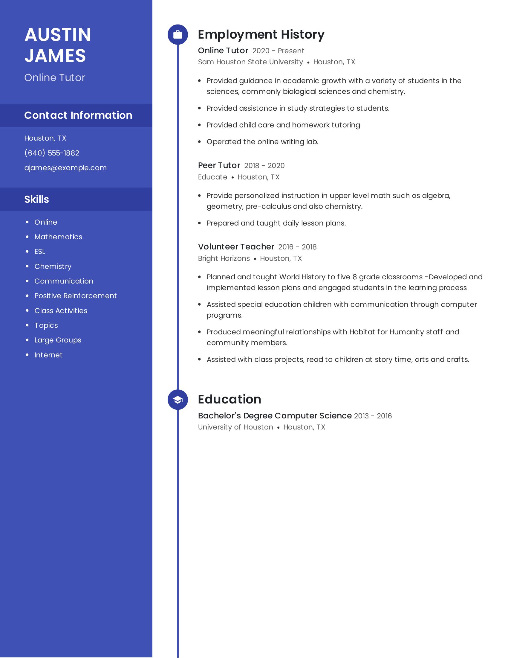 Online Tutor resume example